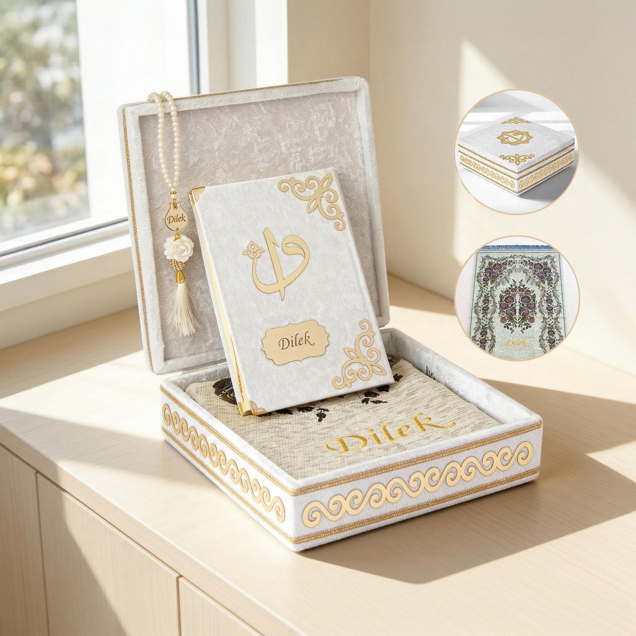 Personalized Velvet Quran Gift Set | Personalized Tasbeeh and Prayer Mat