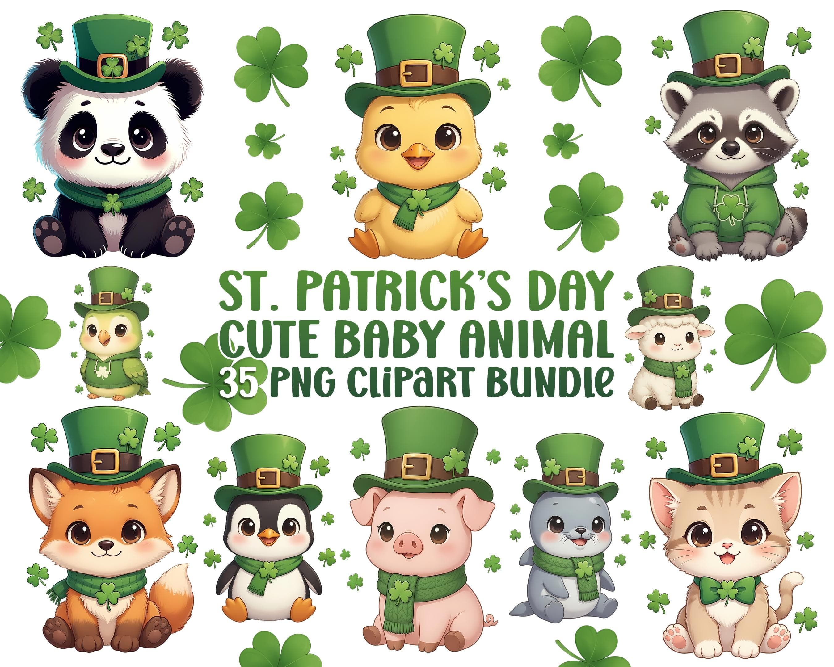 St. Patrick’s Day Cute Baby Animal Clipart Bundle | 35 Shamrock Leprechaun Animals PNG | Sublimation Design | Instant Download