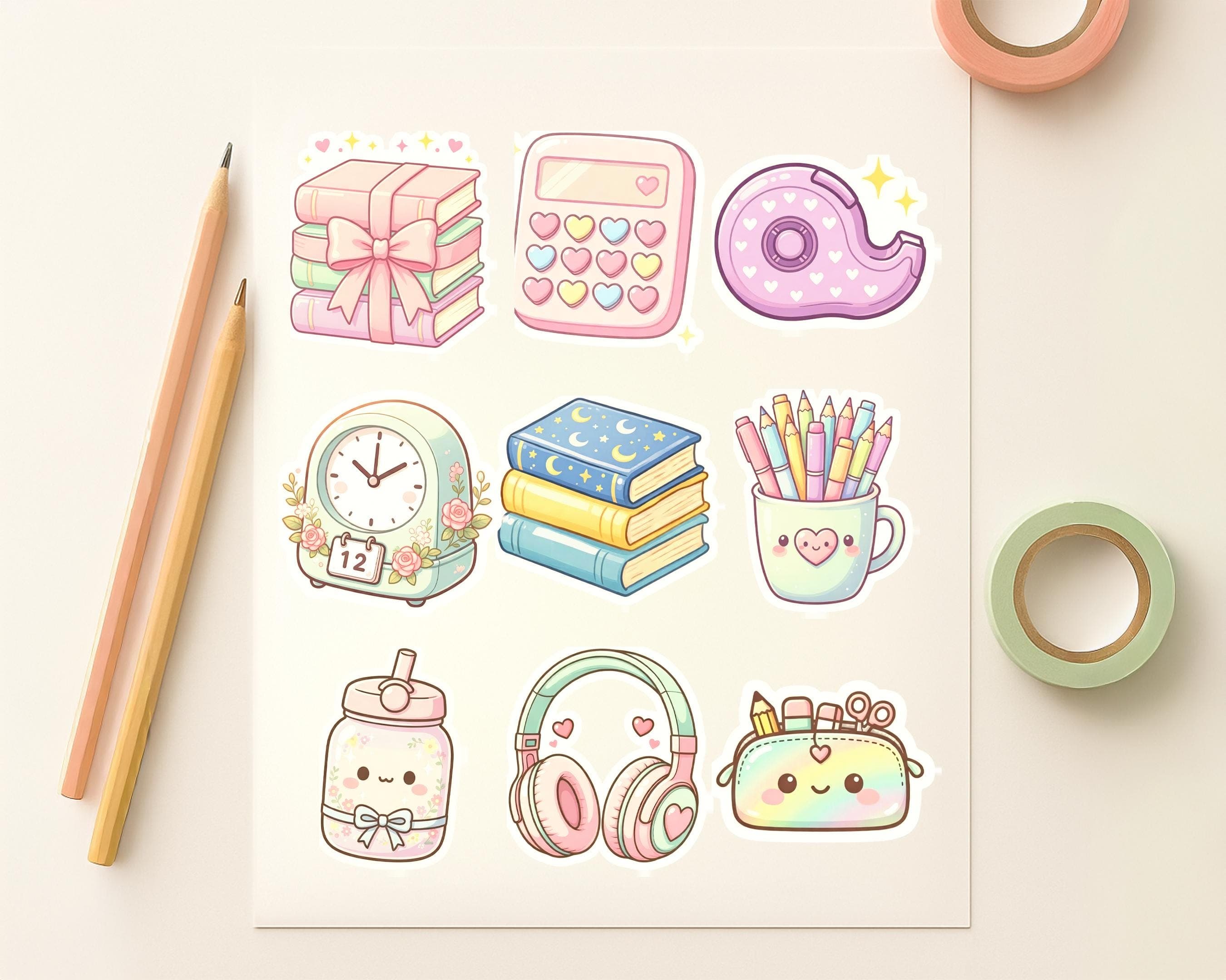 Kawaii Stationery Stickers Bundle 150+ PNG | Cute School Supplies Clipart | Scrapbook Journal Planner | Instant Download