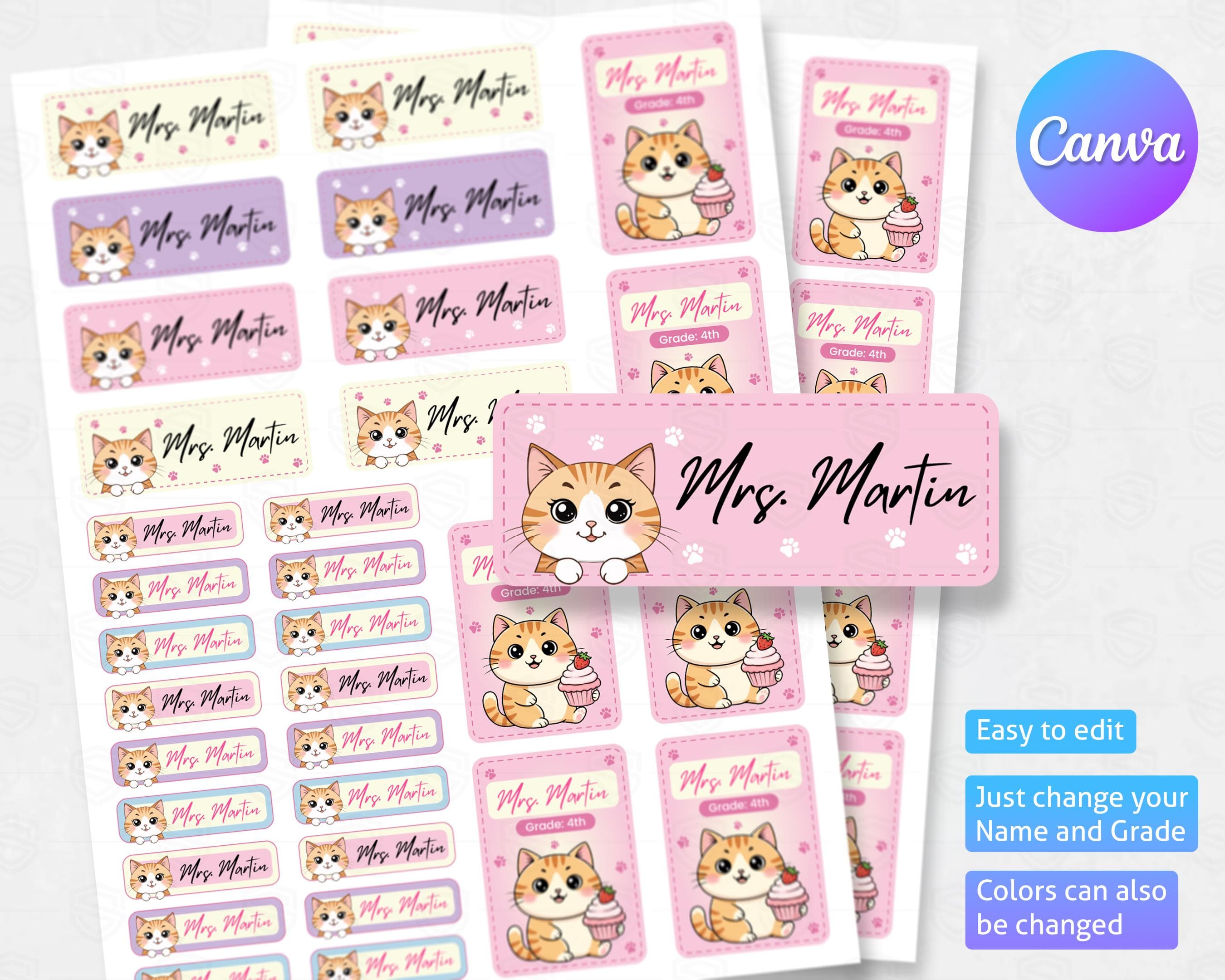 Editable Kids Name Labels Canva Template, Cute Cat School Stickers, Printable Classroom Supply Labels, Back to School Tags