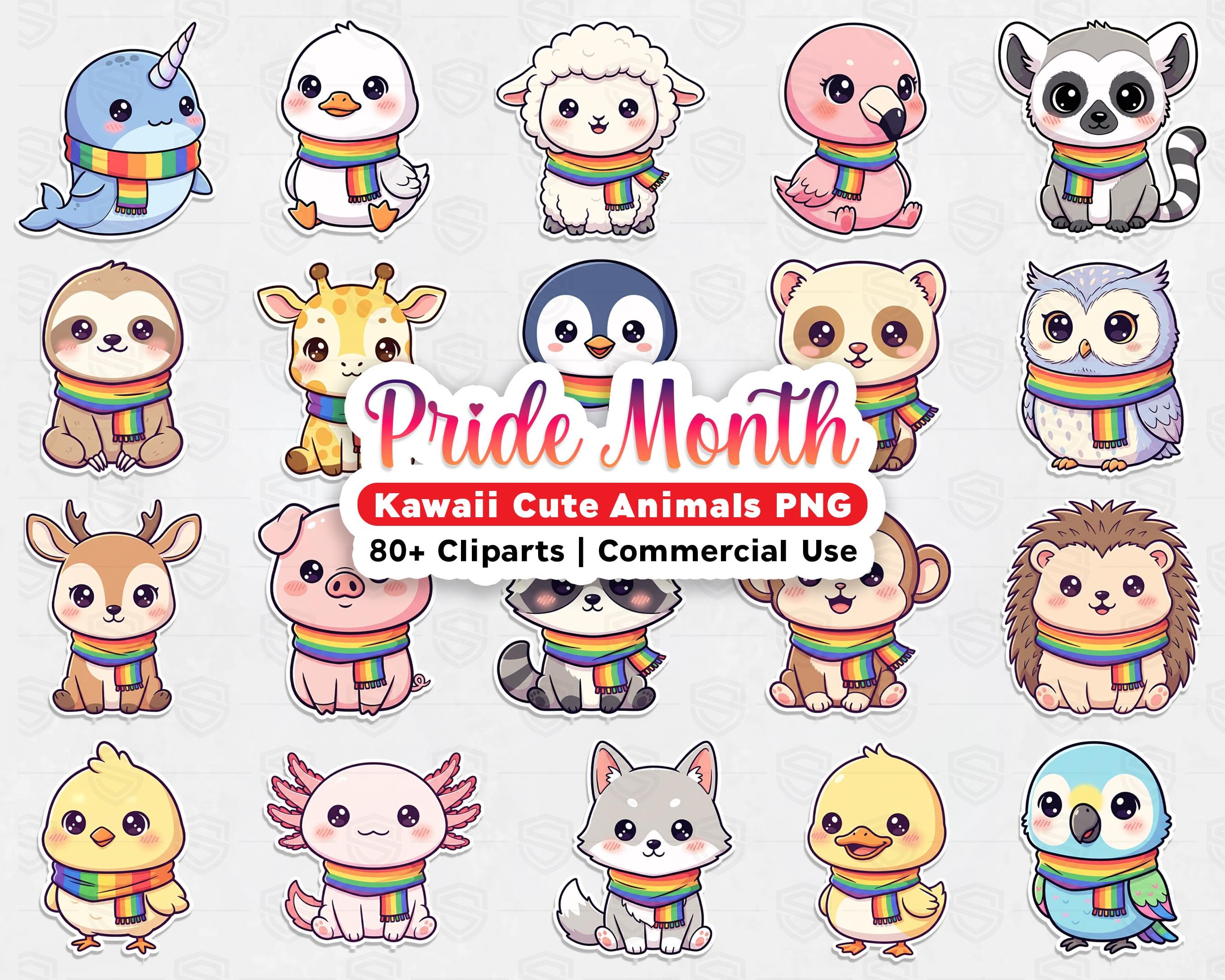 Pride Month Kawaii Cute Animal PNG Bundle, Chibi Animal Clipart, Ocean & Land Creatures, Rainbow Sublimation Designs, Commercial Use