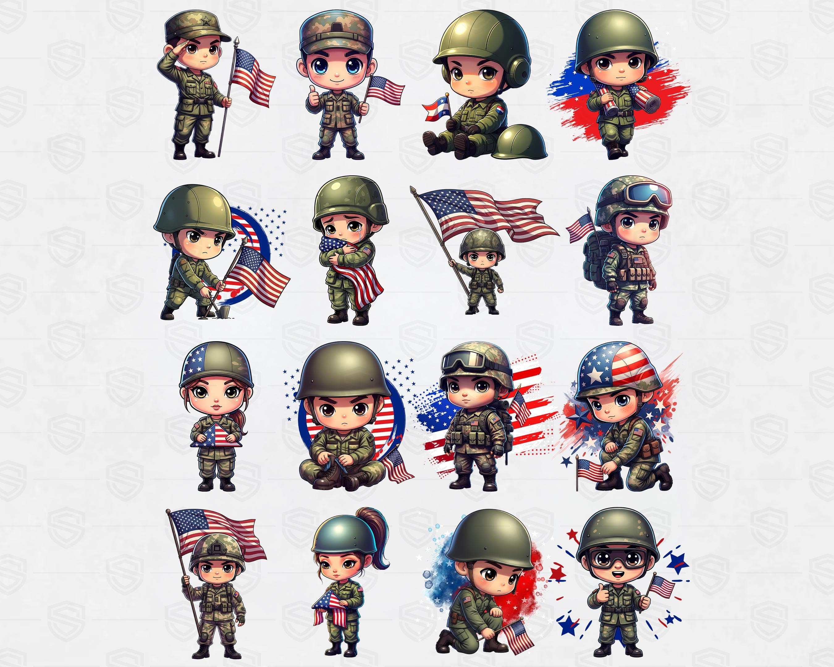 Patriotic Kids Soldier Clipart PNG Bundle, 4th of July Military Cartoon, USA Army Kids Graphics, Independence Day Sublimation