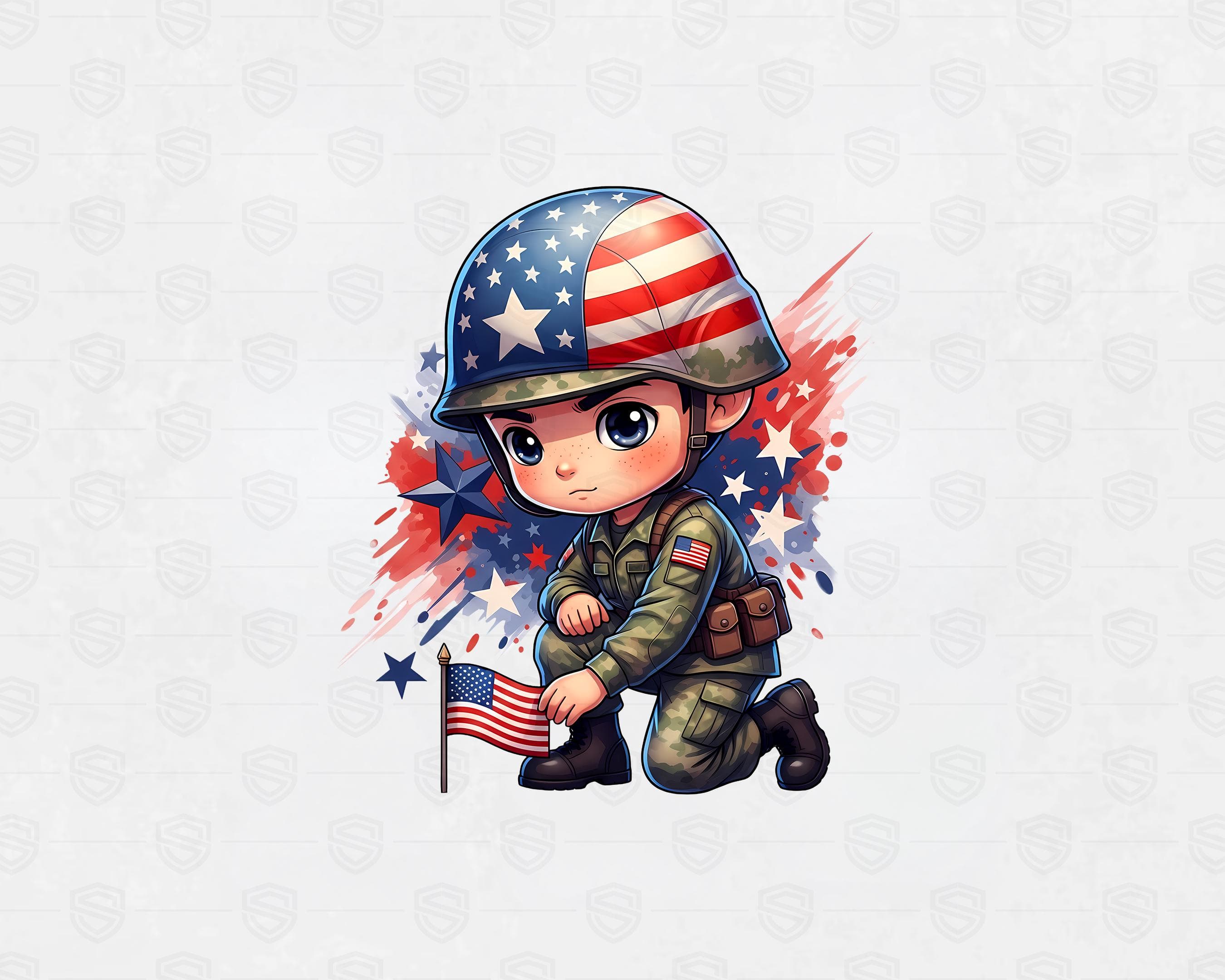Cute army kids clipart set with American flag elements red white blue Independence Day graphics