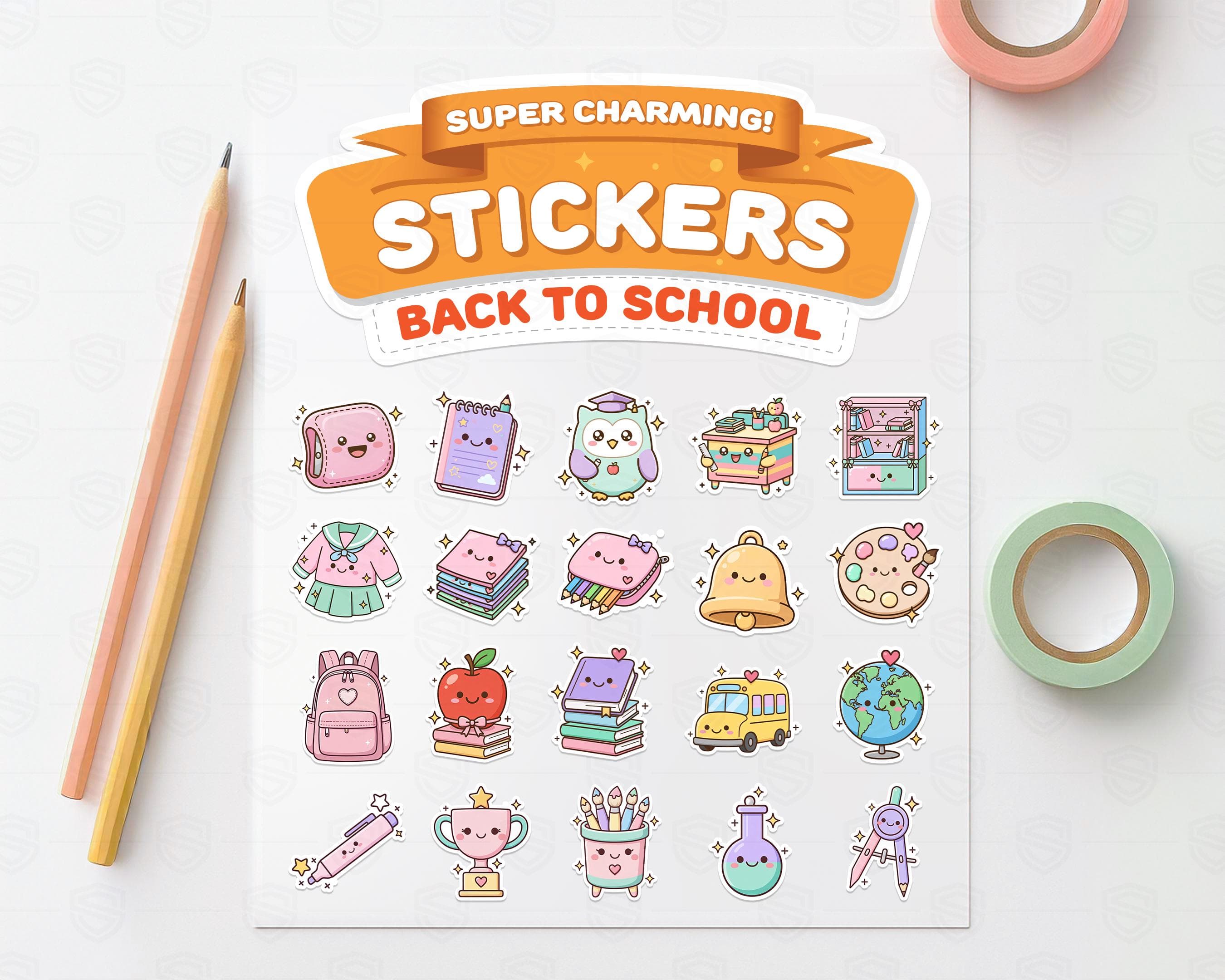 Cute kawaii school supplies stickers set with pastel backpack, pencils, ruler, notebook and apple clipart PNG bundle