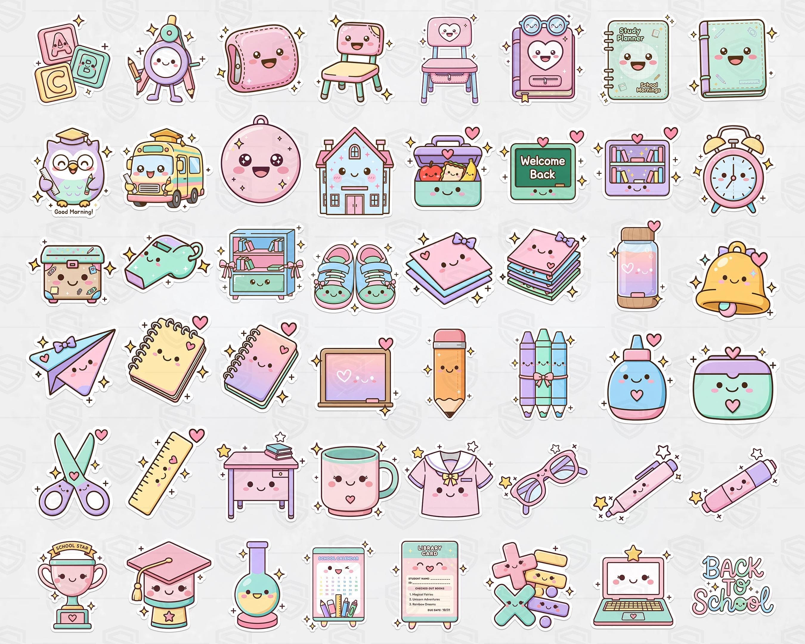 Cute kawaii school supplies stickers set with pastel backpack, pencils, ruler, notebook, marker, desk, laptop, clock, world globe, calculator, sharpner, and apple clipart PNG bundle