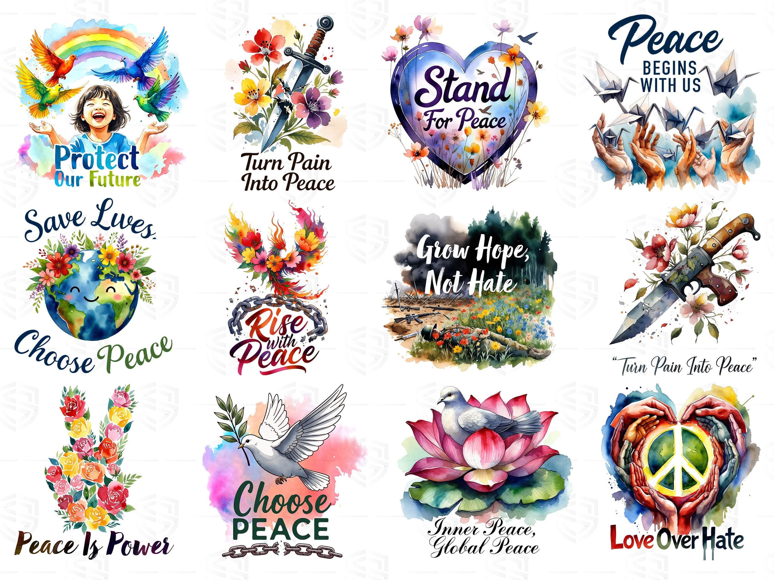 Anti War Peace Clipart Bundle, No War Motivational Quote Design, Watercolor Art, Protest T-Shirt, Digital Download - image 5