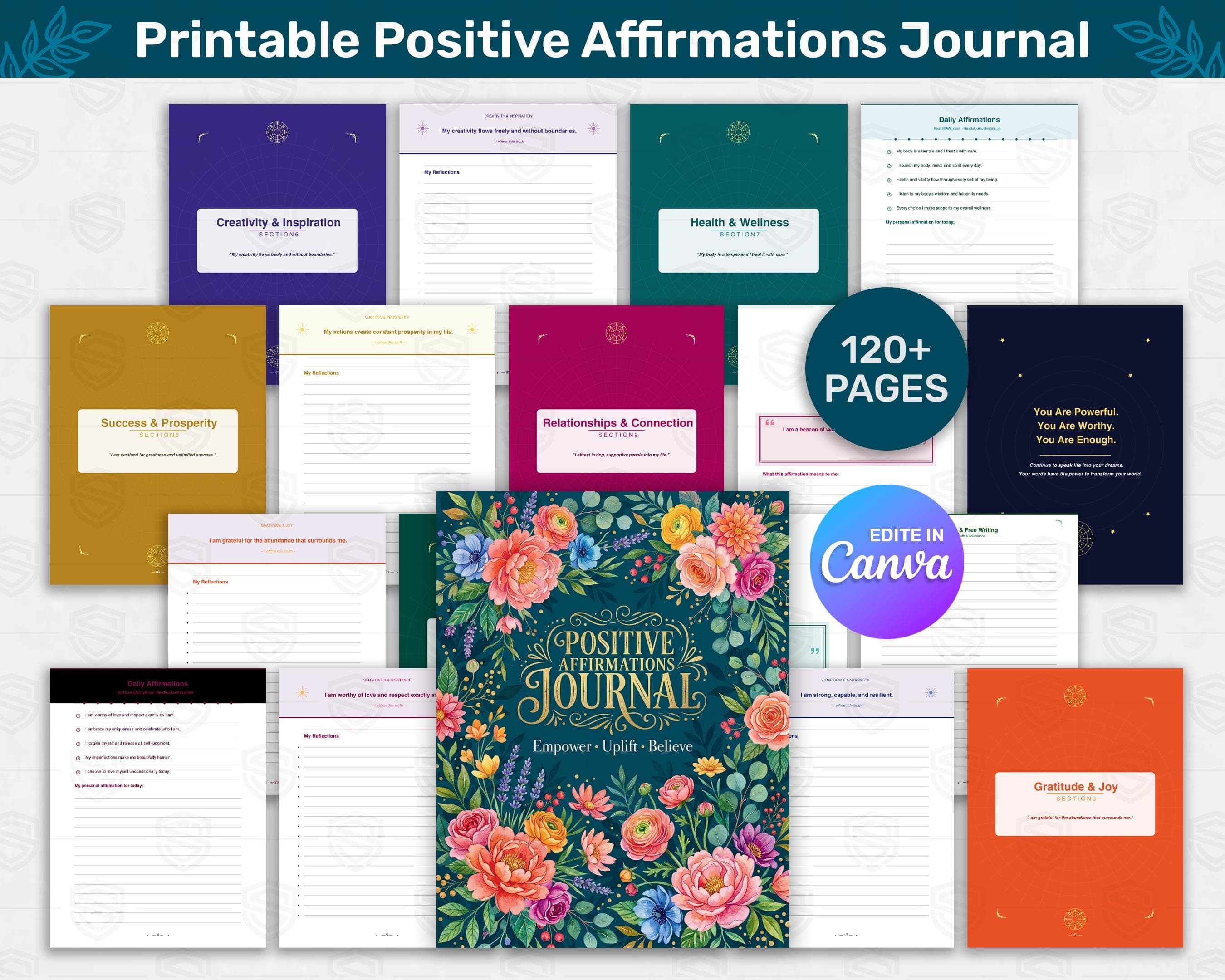 Positive Affirmations Journal PDF & Canva Template | Self Love Guided Journal | Mental Health and Mindfulness Workbook | Printable Journal