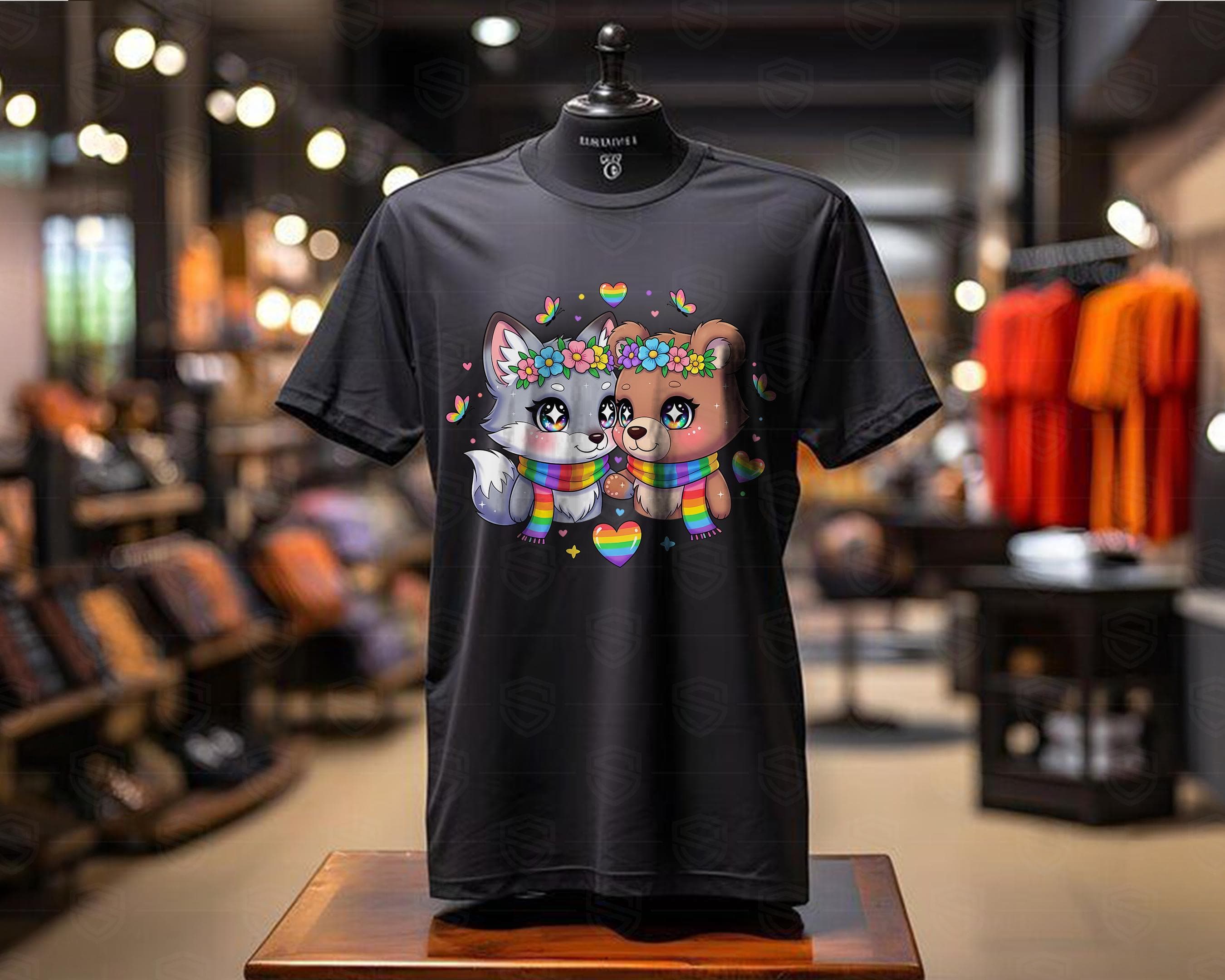 Chibi pride animal designs displayed on t-shirts mugs and stickers mockups