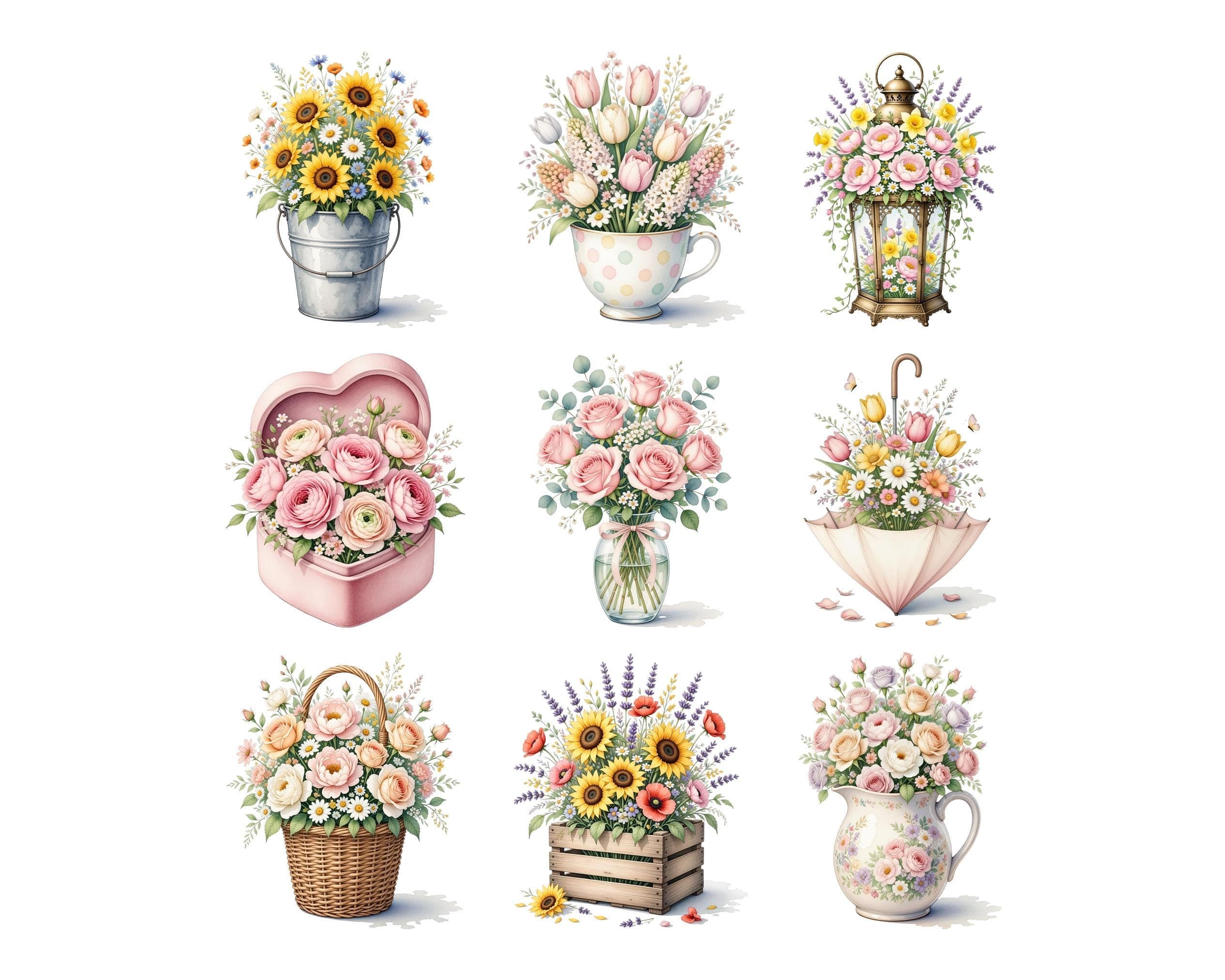 Watercolor Spring Flower Clipart Bundle | 30 Colorful Tulip & Flower Arrangements PNG | Digital Download
