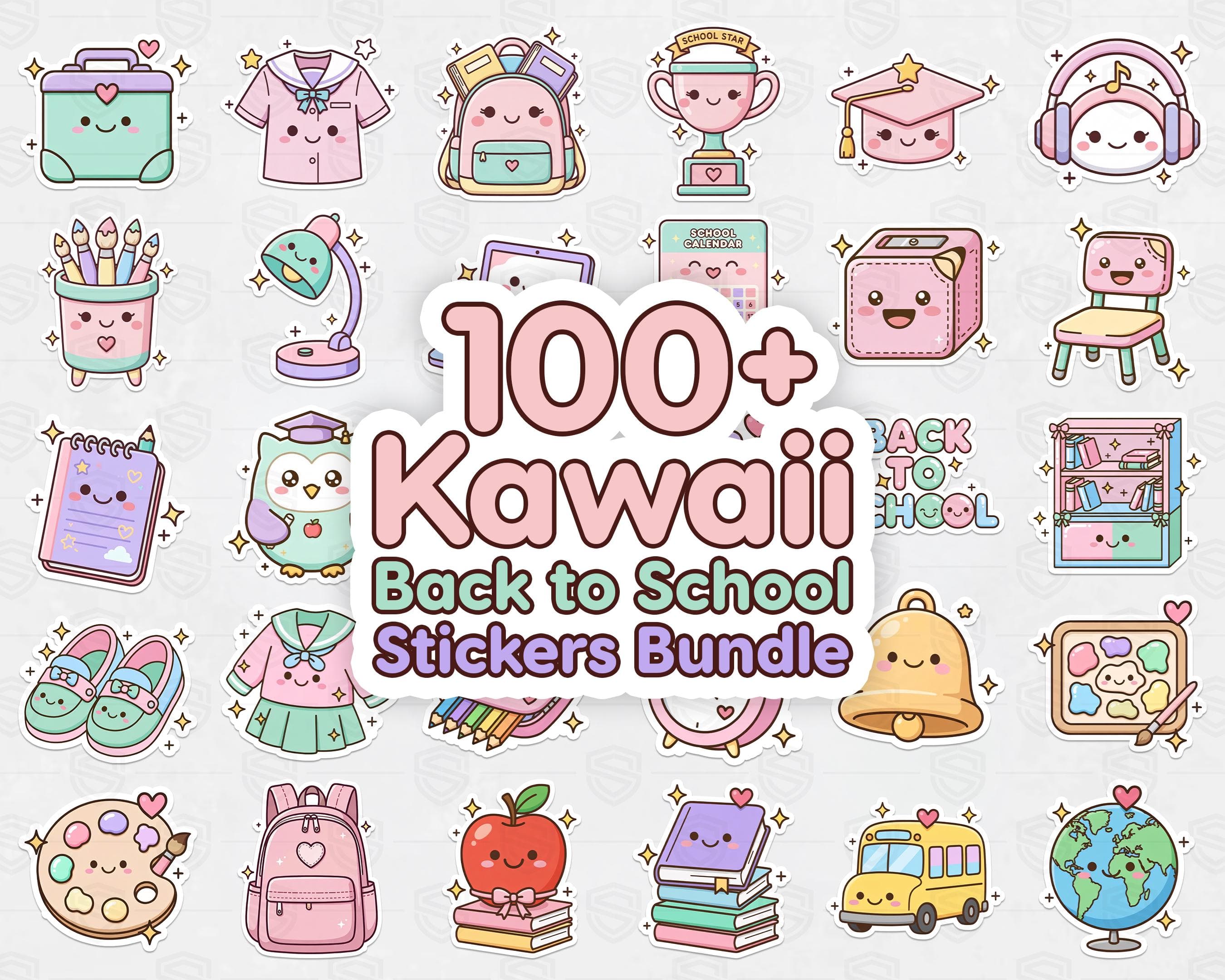 Kawaii Back to School Sticker Bundle PNG | 100 Cute School Supply Stickers | Planner Stickers | Cricut & Sublimation
