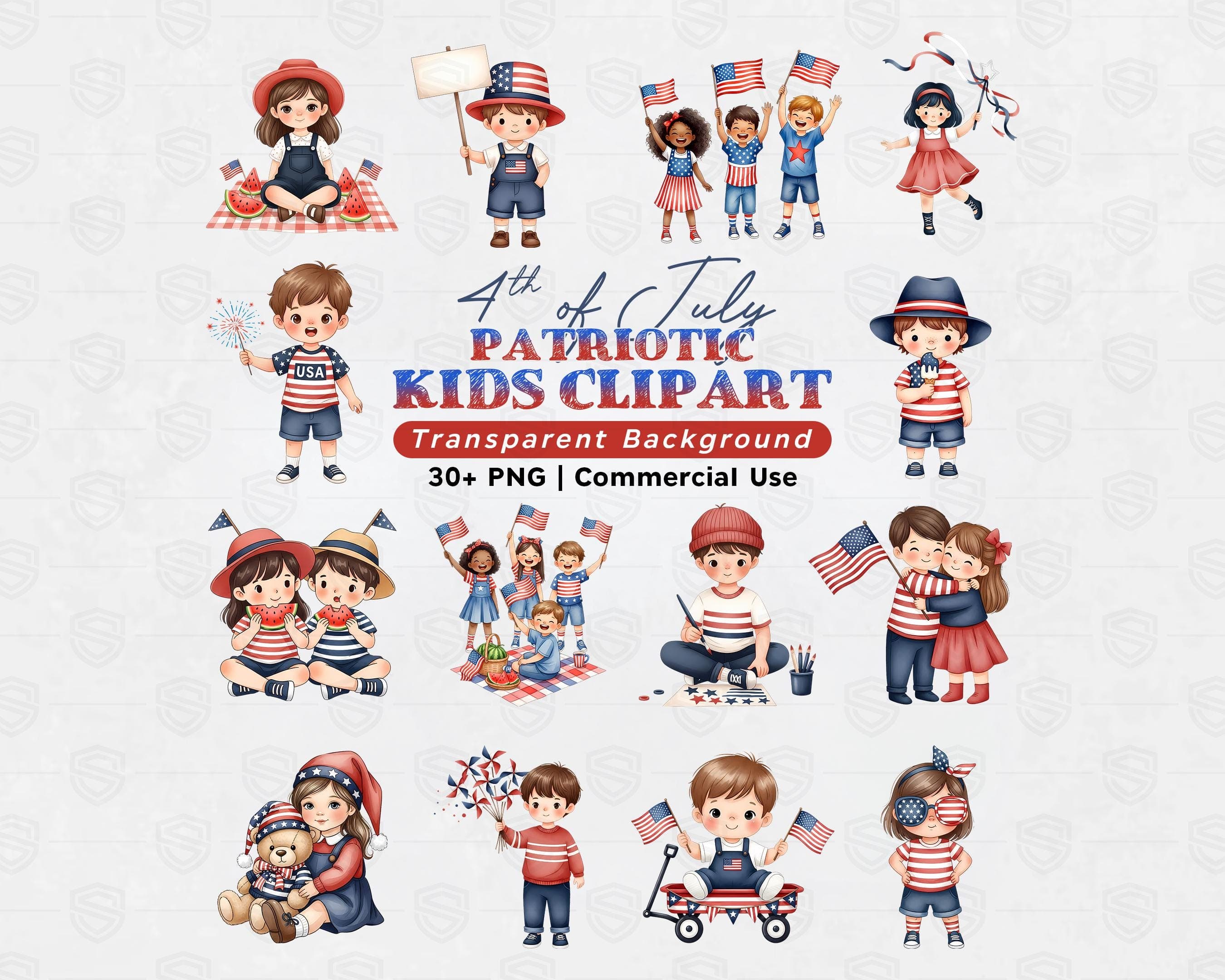 Patriotic Kids Clipart Bundle PNG, 4th of July Cartoon Graphics, USA Independence Day Sublimation, Red White Blue Kids Art, Instant Download