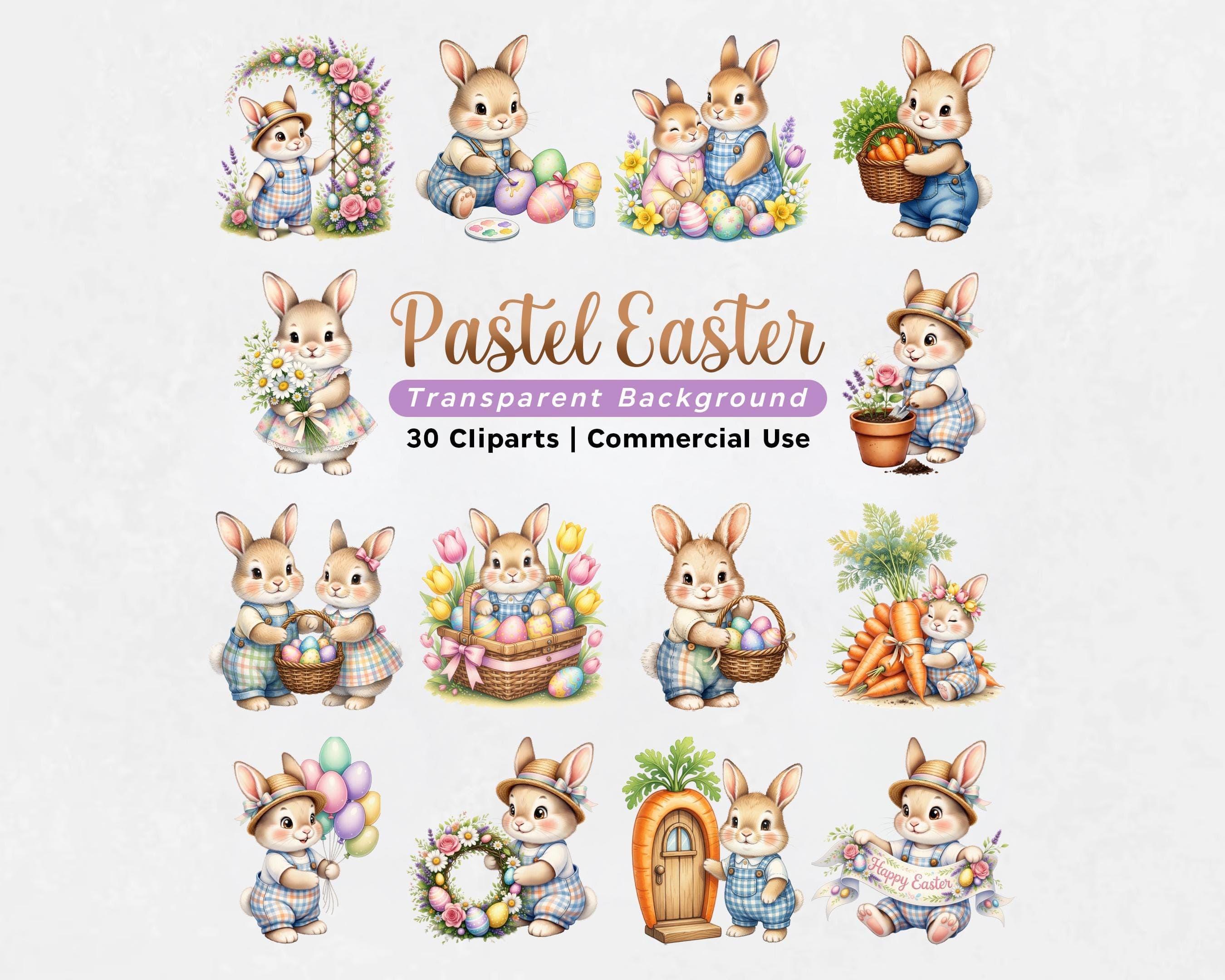 Easter Bunny Clipart Bundle PNG, Pastel Watercolor Easter Eggs, Spring Floral Bunny Clipart, Sublimation Design, Commercial License