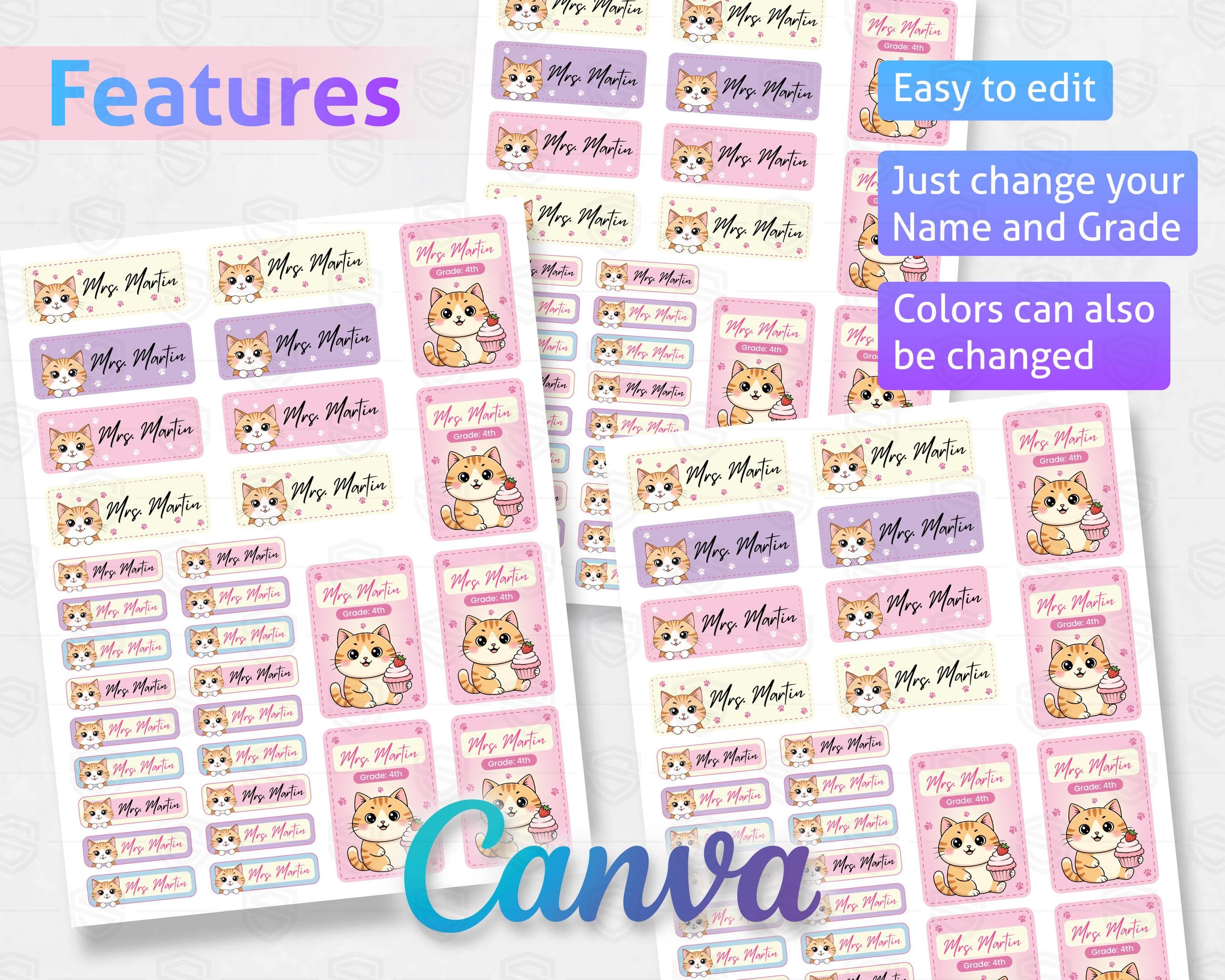 Editable Kids Name Labels Canva Template, Cute Cat School Stickers, Printable Classroom Supply Labels, Back to School Tags - image 5