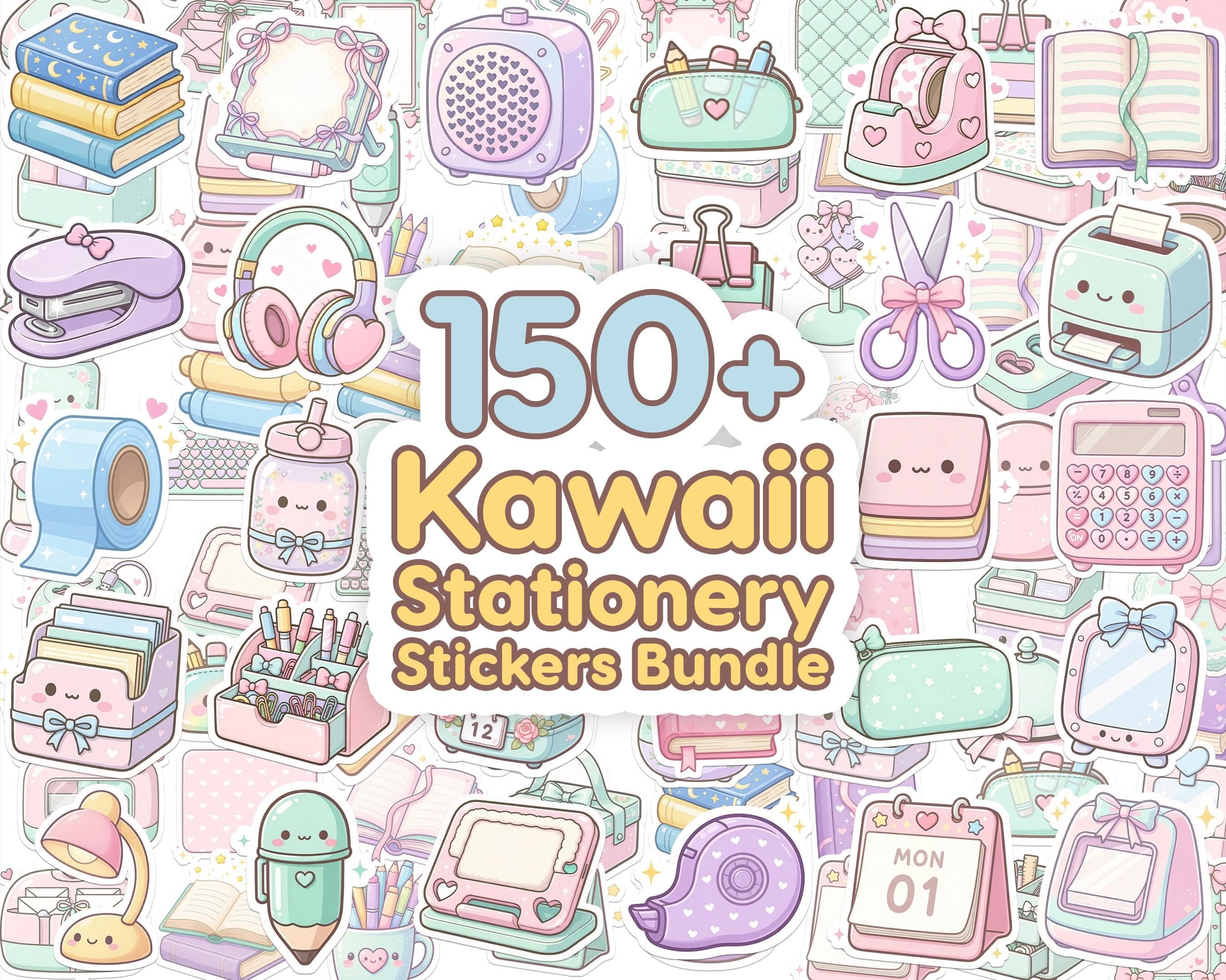 Kawaii Stationery Stickers Bundle 150+ PNG | Cute School Supplies Clipart | Scrapbook Journal Planner | Instant Download