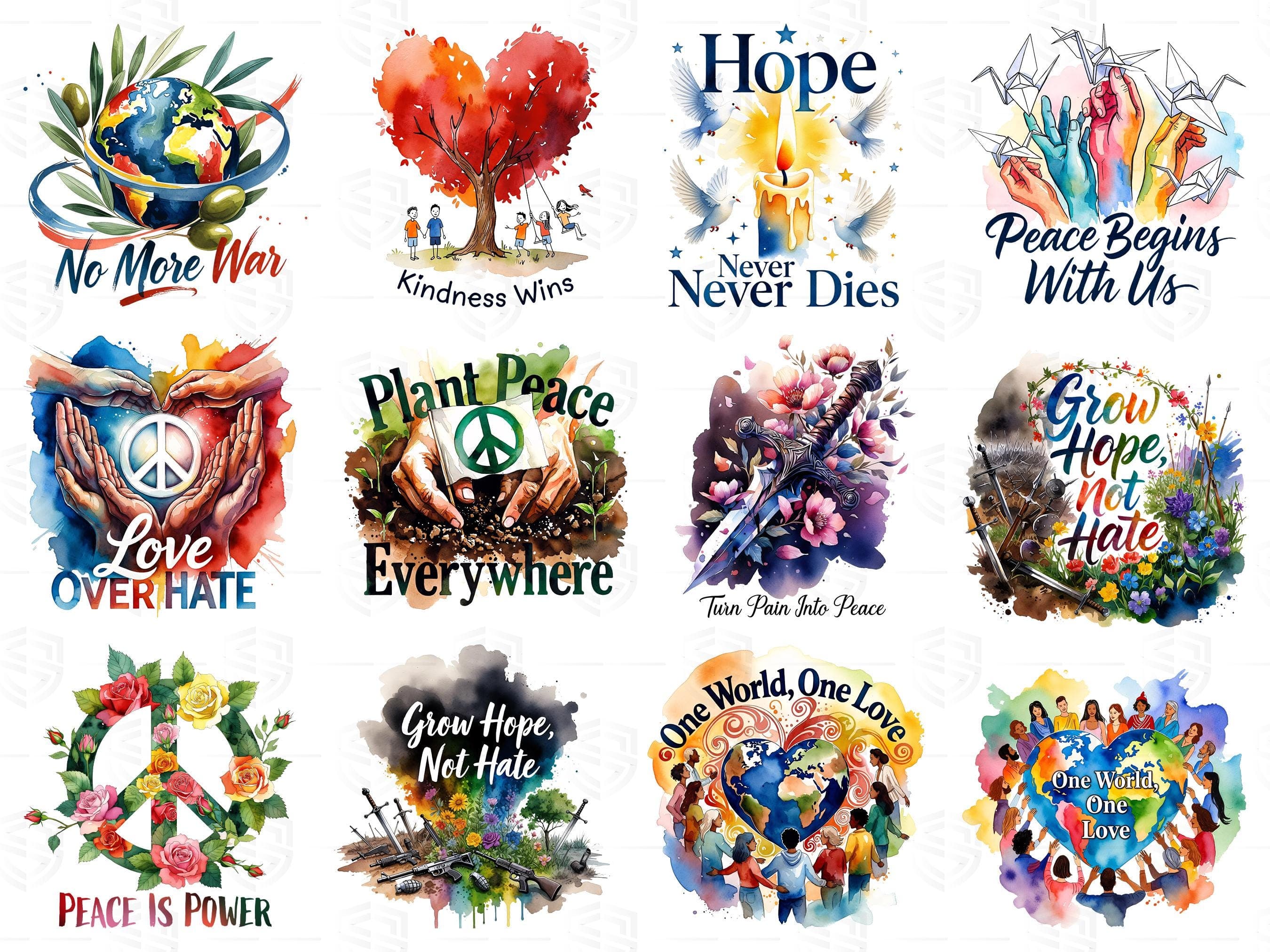 Anti War Peace Clipart Bundle, No War Motivational Quote Design, Watercolor Art, Protest T-Shirt, Digital Download - image 4