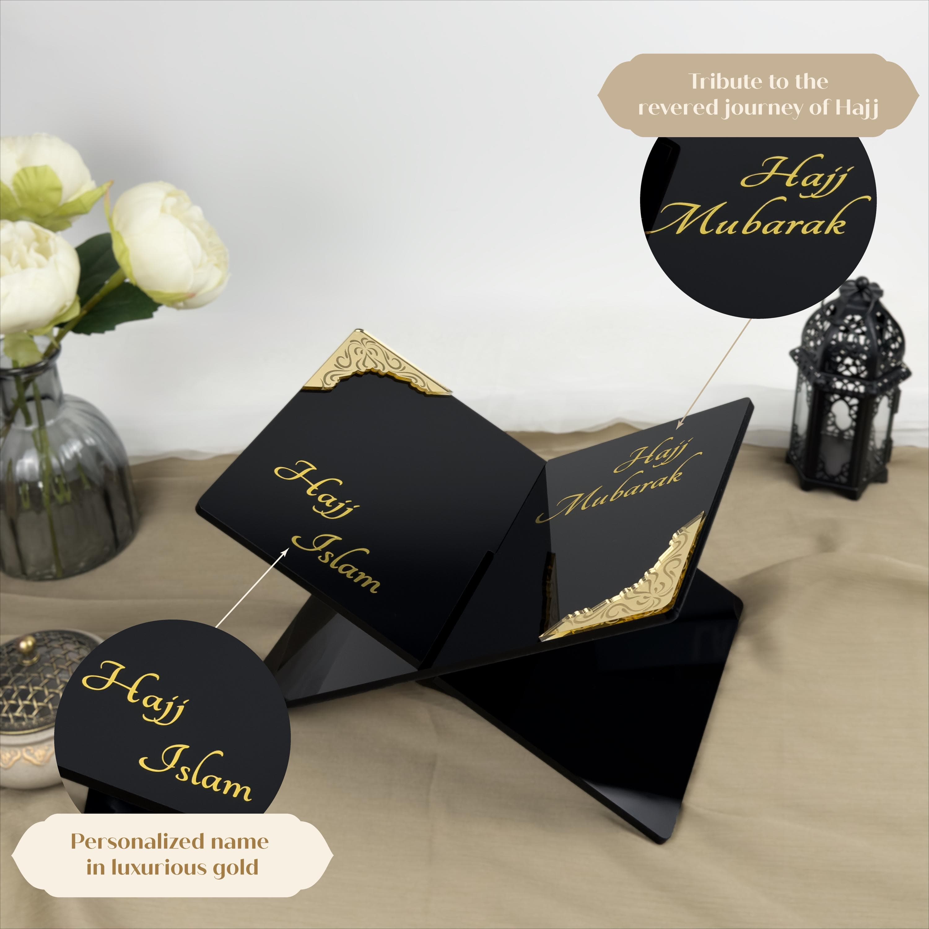 Personalized Hajj Mubarak Quran Holder: Black Acrylic Islamic Gift - image 3