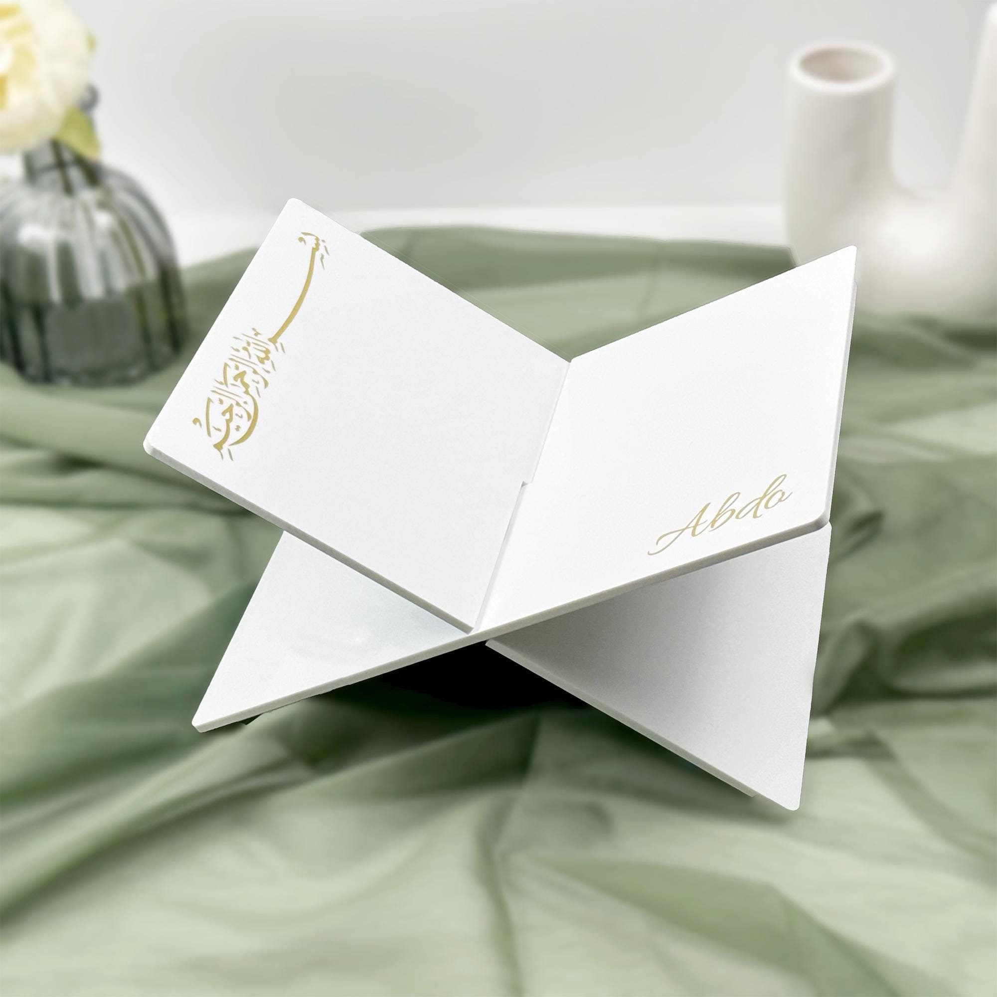 Personalized Quran Holder White Acrylic : Bismillah Inscription and name, Ramadan Gift