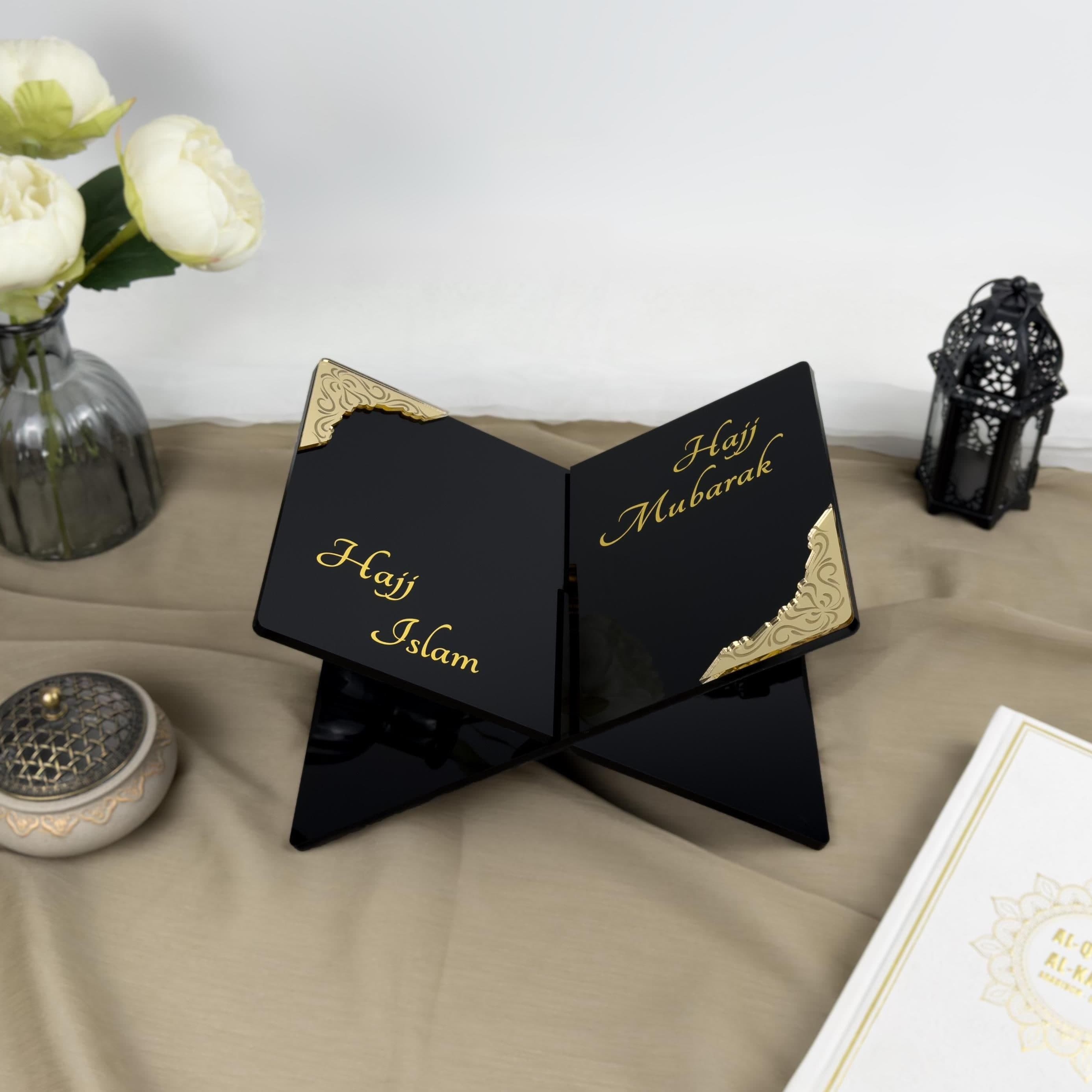 Personalized Hajj Mubarak Quran Holder: Black Acrylic Islamic Gift