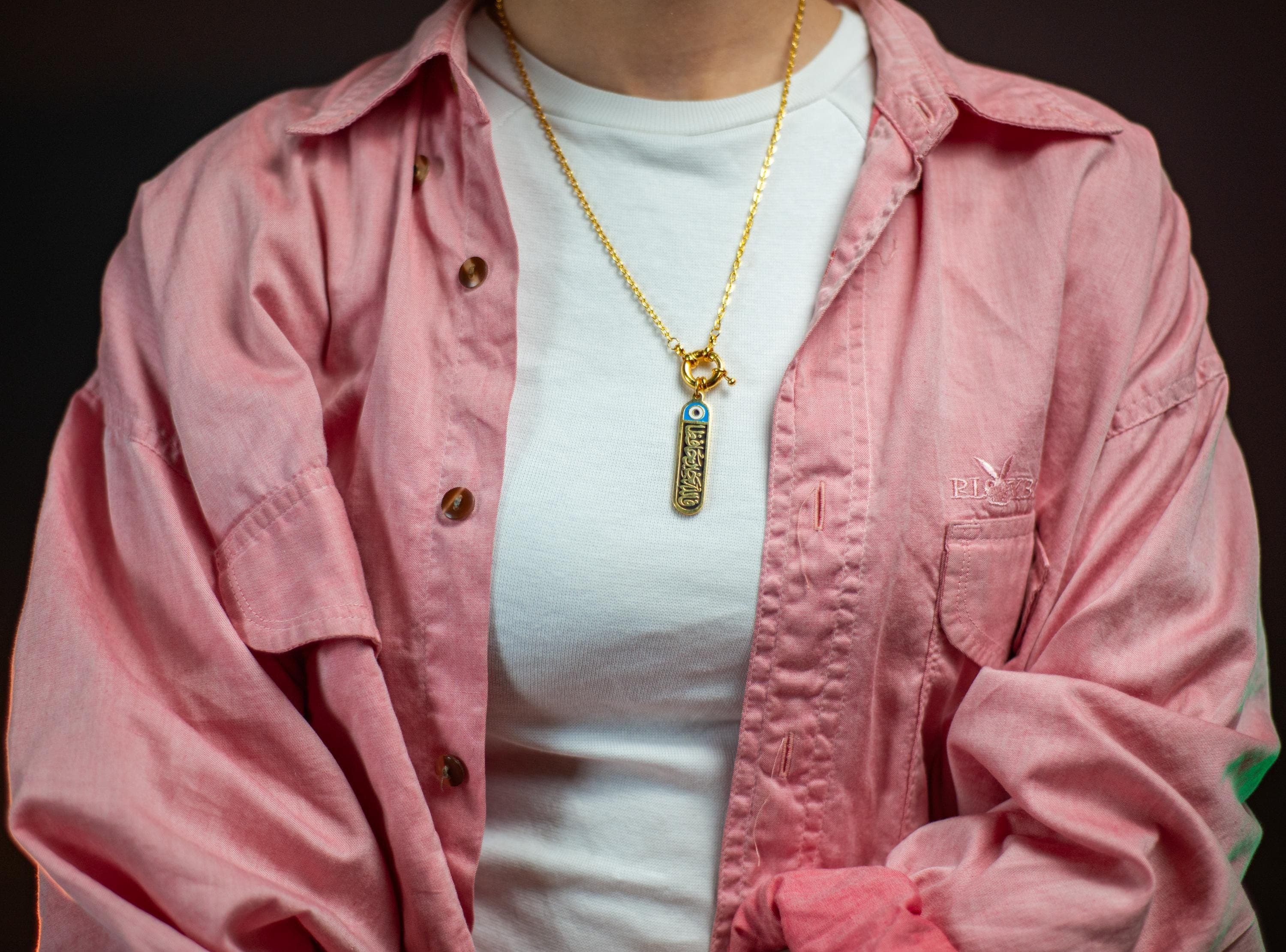 24k Gold Islamic Necklace; Double-Sided Arabic Calligraphy; Quran Verse Pendant; With Hardship Comes Ease; Evil Eye; Gifts for Her - image 4
