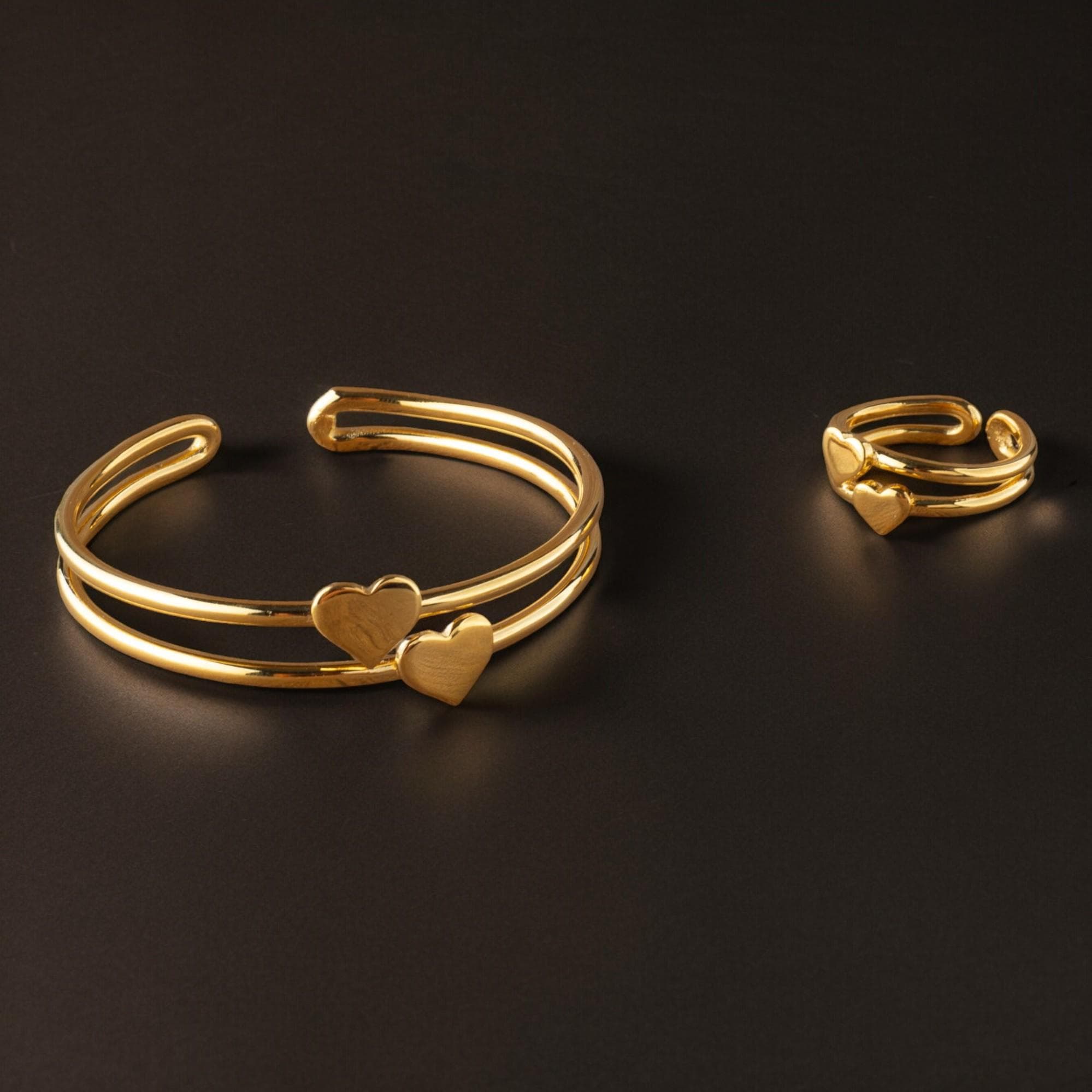 24k Gold-Plated Heart Jewelry Set; Minimalist Ring and Bracelet; Love Jewelry; Romantic Gold Gift for Her; Anniversary; Heart Jewelry