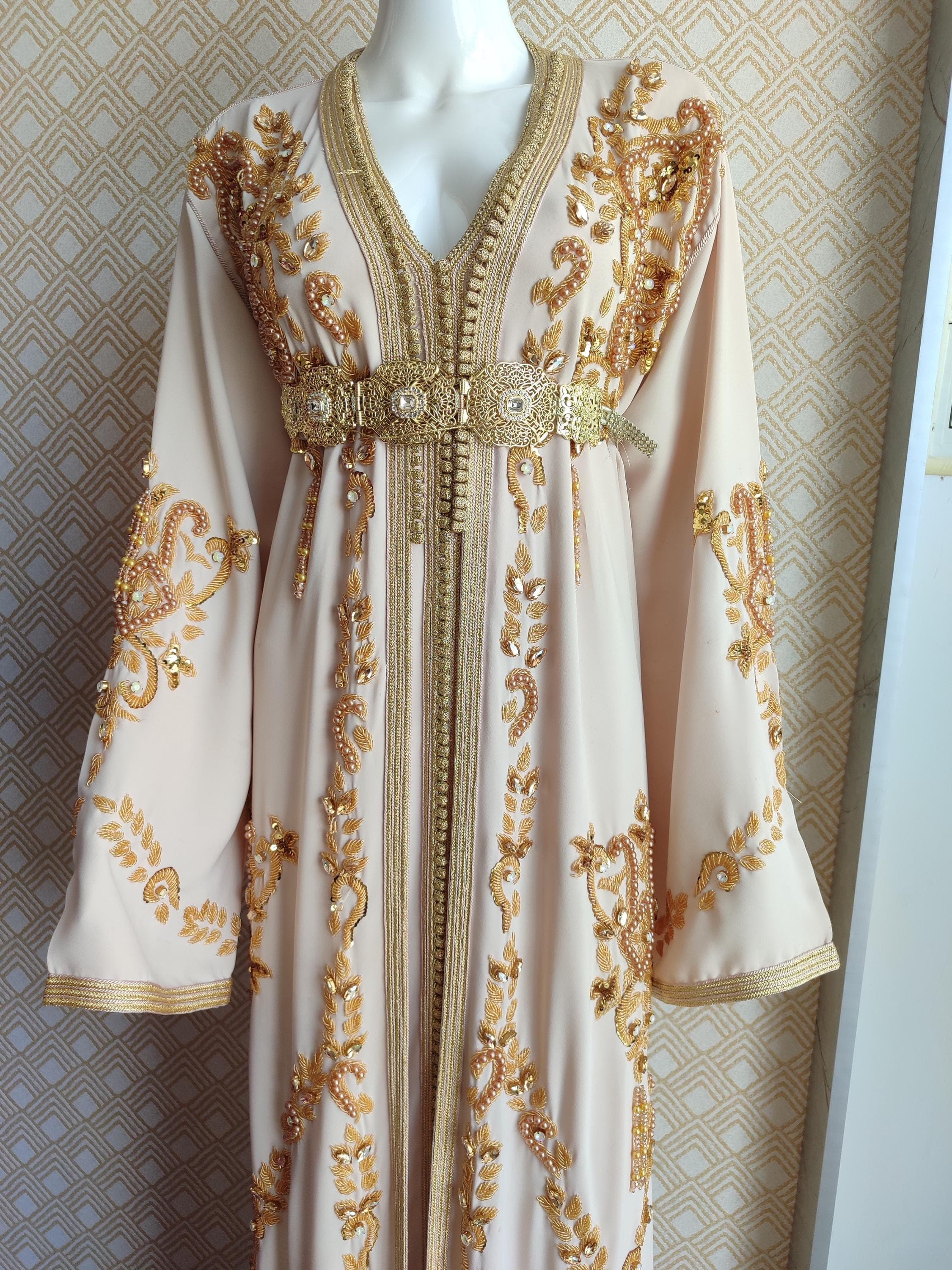 Custom Moroccan Takchita Beige Gold | Made to Order Bridal Dress | Hand Embroidered Wedding Gown