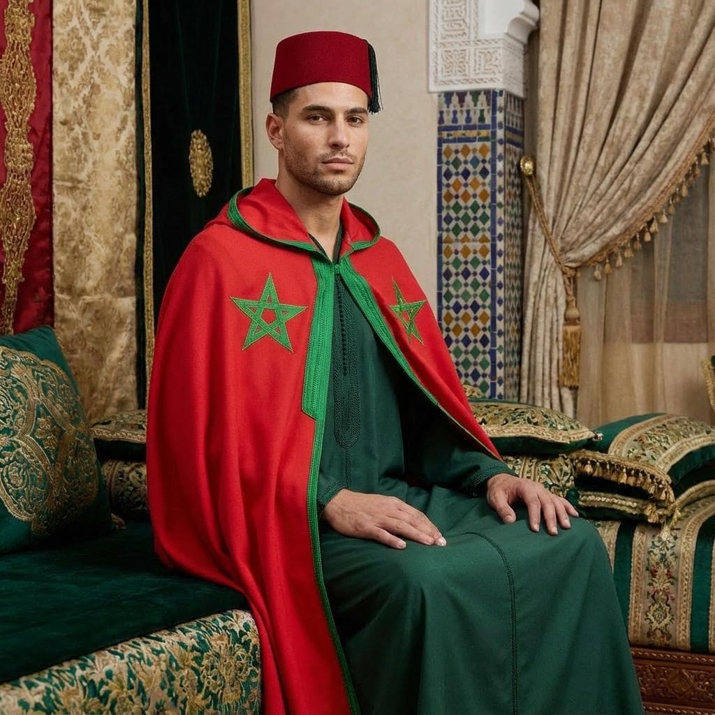 Moroccan Selham & Fez Hat Set | Handmade Red Hooded Cloak | Burgundy Tarboush | Traditional Wedding Outfit