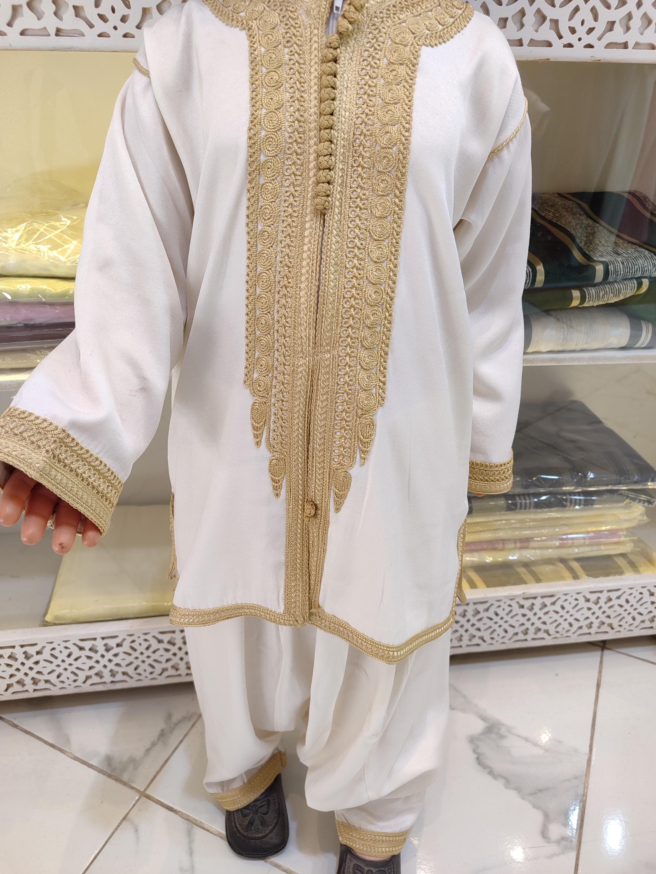 Boys White & Gold Moroccan Jabador: Luxury Eid Outfit, Kids Kaftan