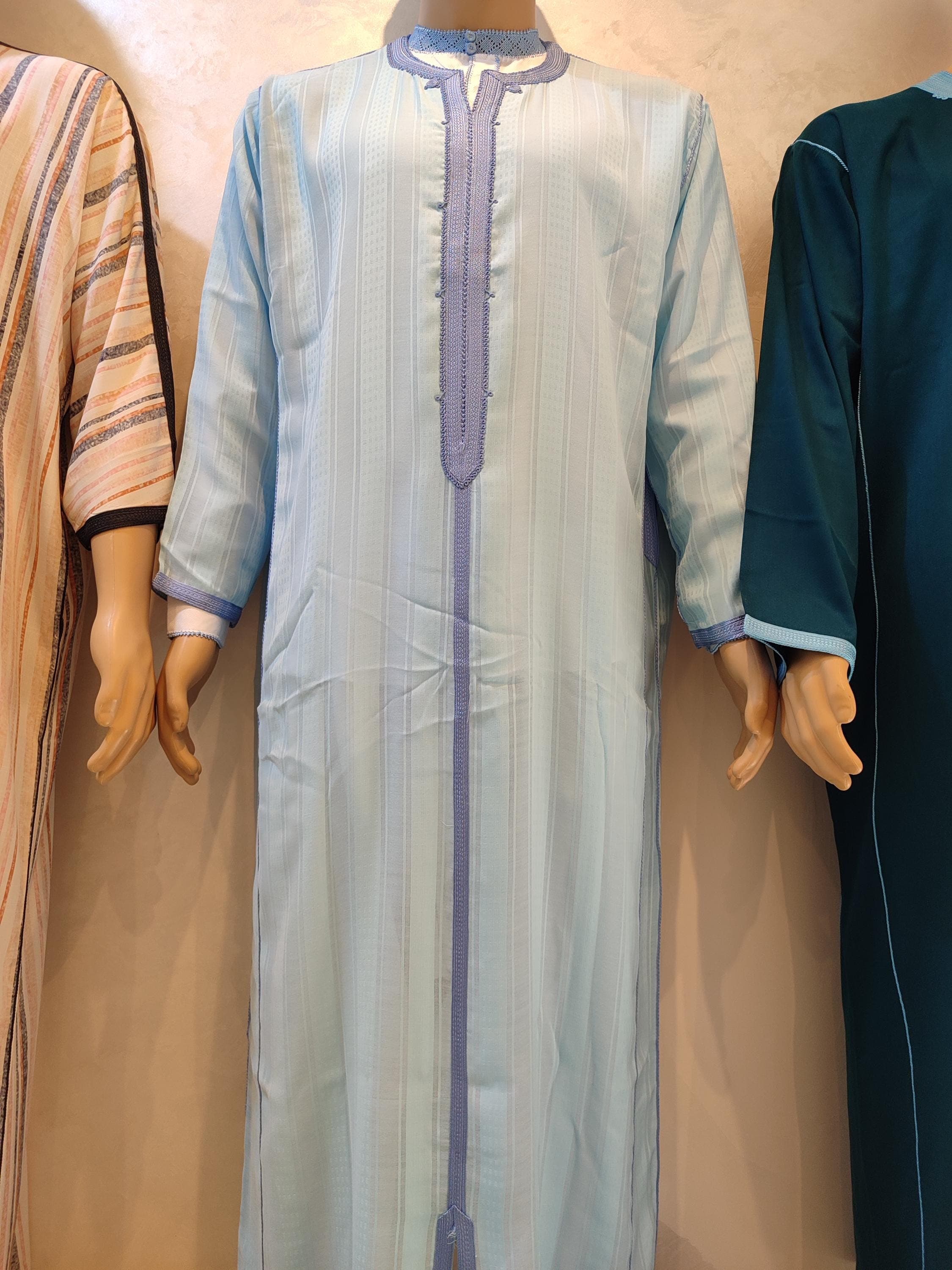 Handmade Moroccan Djellaba Set: Light Blue Embroidered Kaftan - image 4