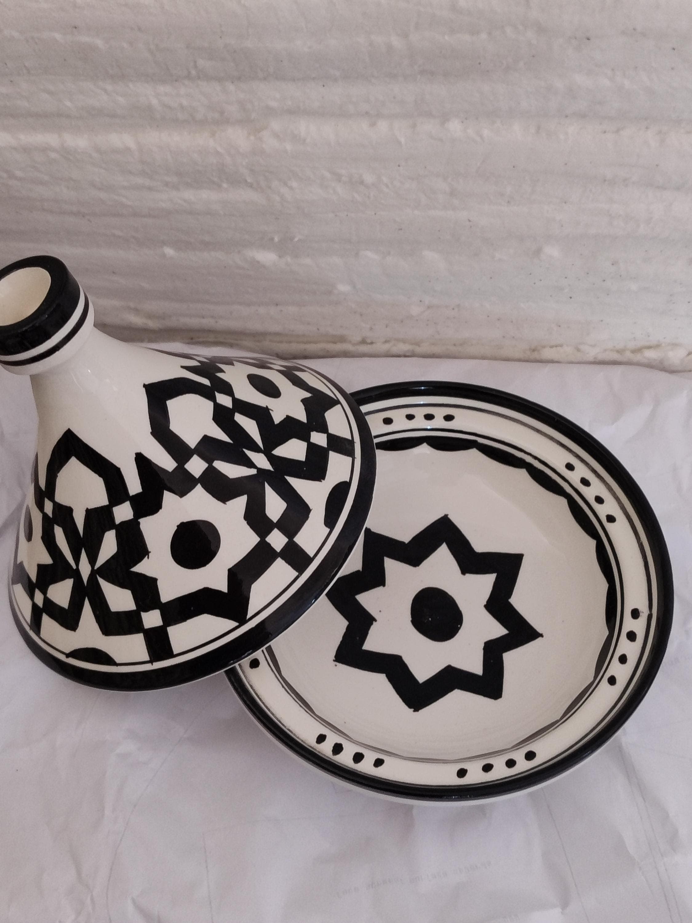 Handmade Moroccan Ceramic Tagine Black White Serving Dish Hand Painted Traditional Pottery Decor