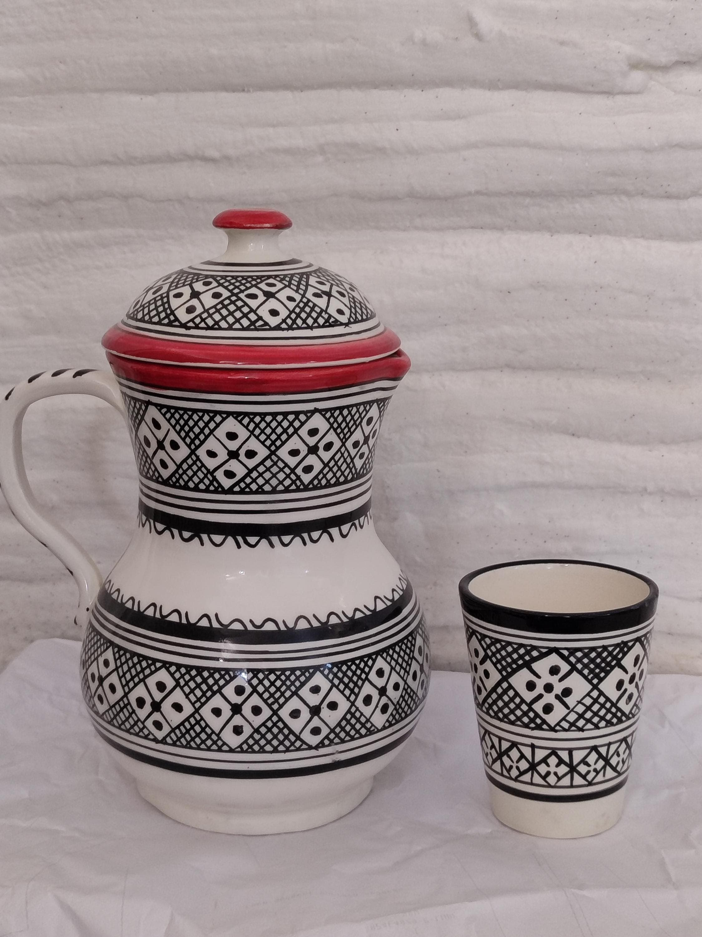 Handmade Moroccan Ceramic Carafe Set: Black & White Fez Pottery