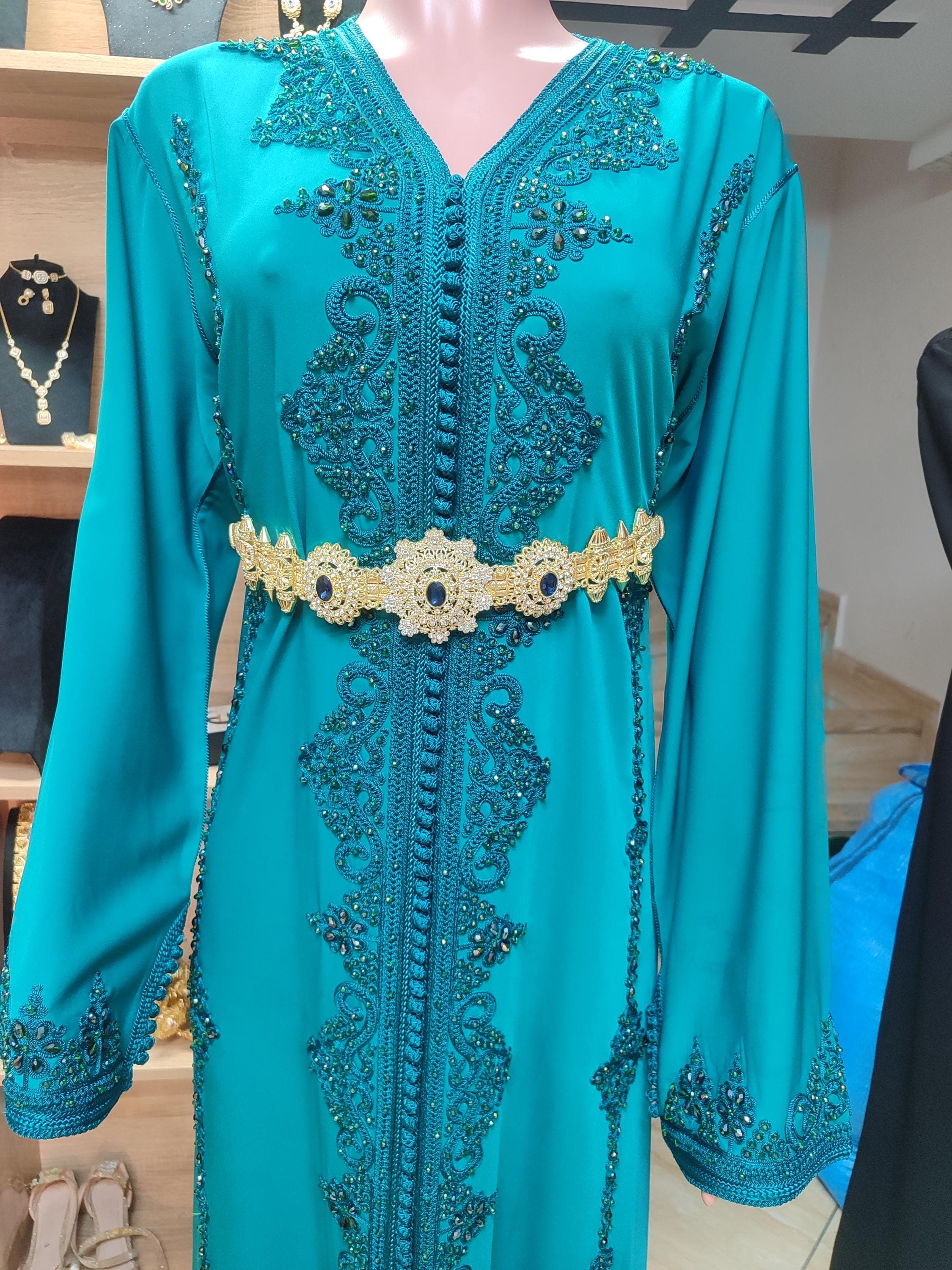 Turquoise Moroccan Kaftan: Fes Embroidery, Golden Belt, Plus Size