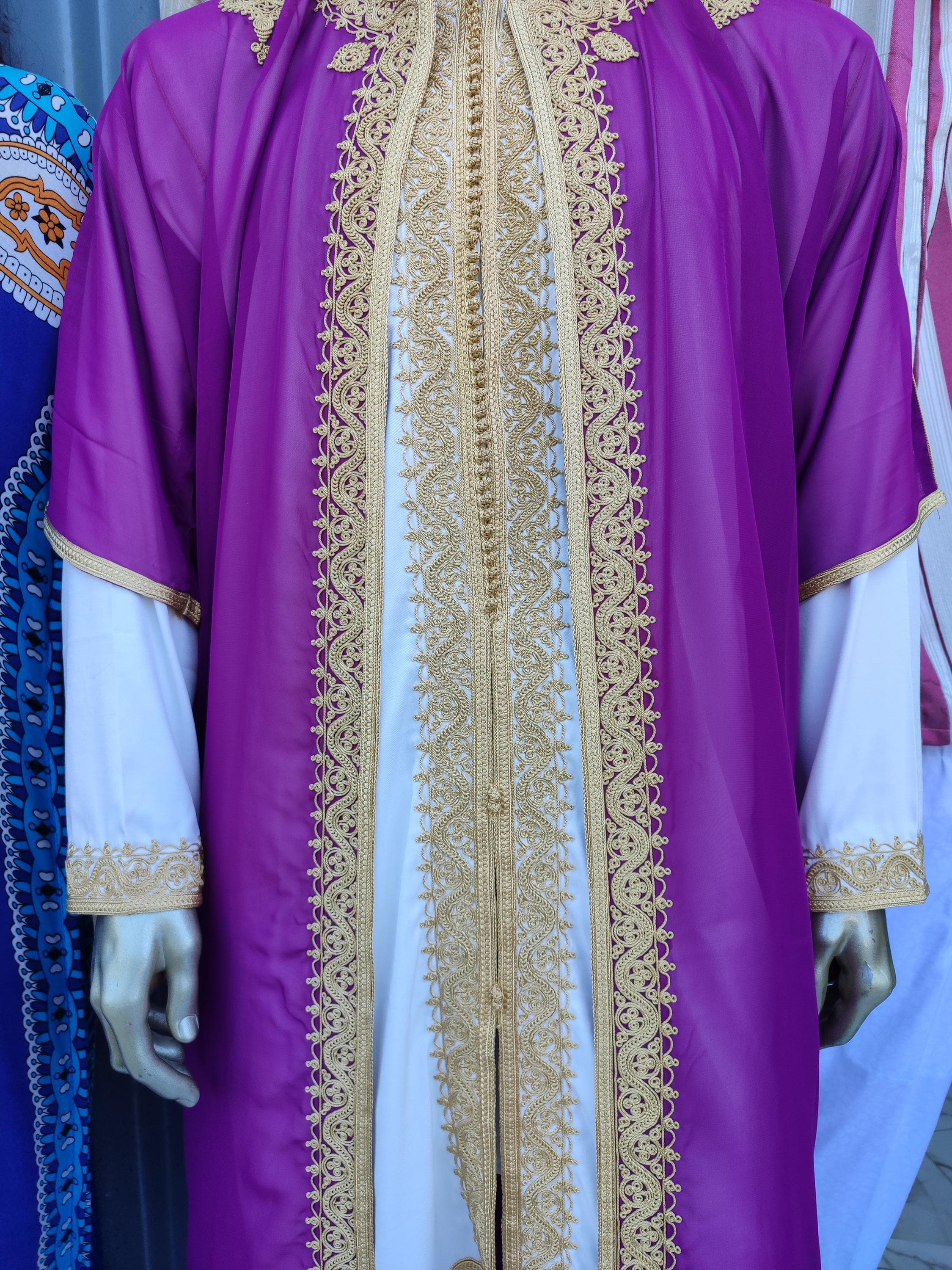 Luxury Moroccan Jabador for Men: Purple & Gold Wedding Kaftan
