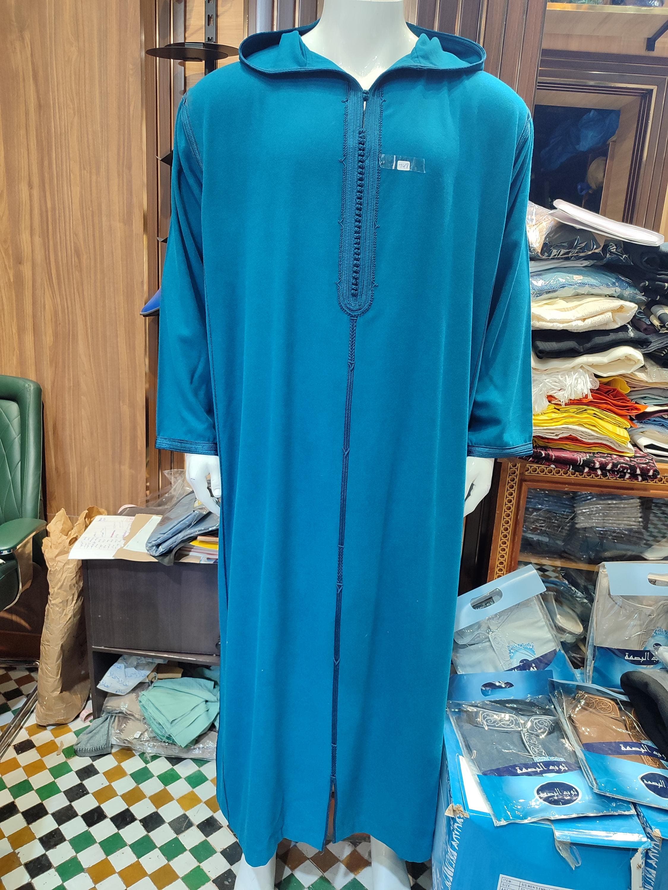 Men Moroccan Djellaba Blue Turquoise Hooded Cotton Melifa Thobe Kaftan Handmade Spring Summer Eid Ramadan Gift Islamic Clothing