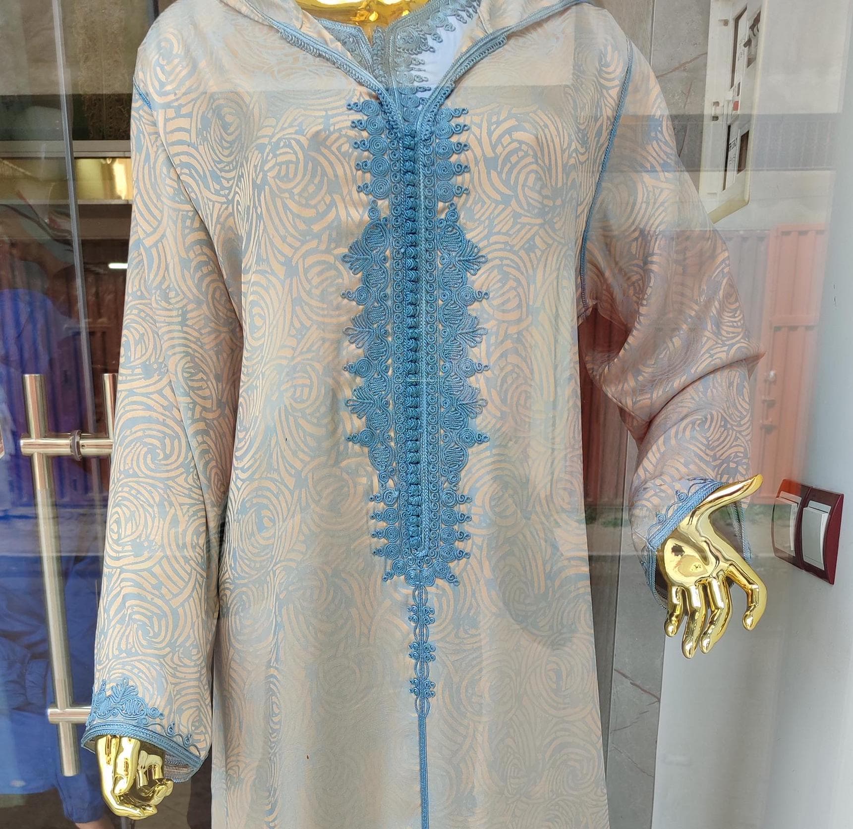 Custom Made Moroccan Jellaba | Handmade Cream Djellaba Blue Embroidery | Made to Order Fassi Dress | Traditional Kaftan Women