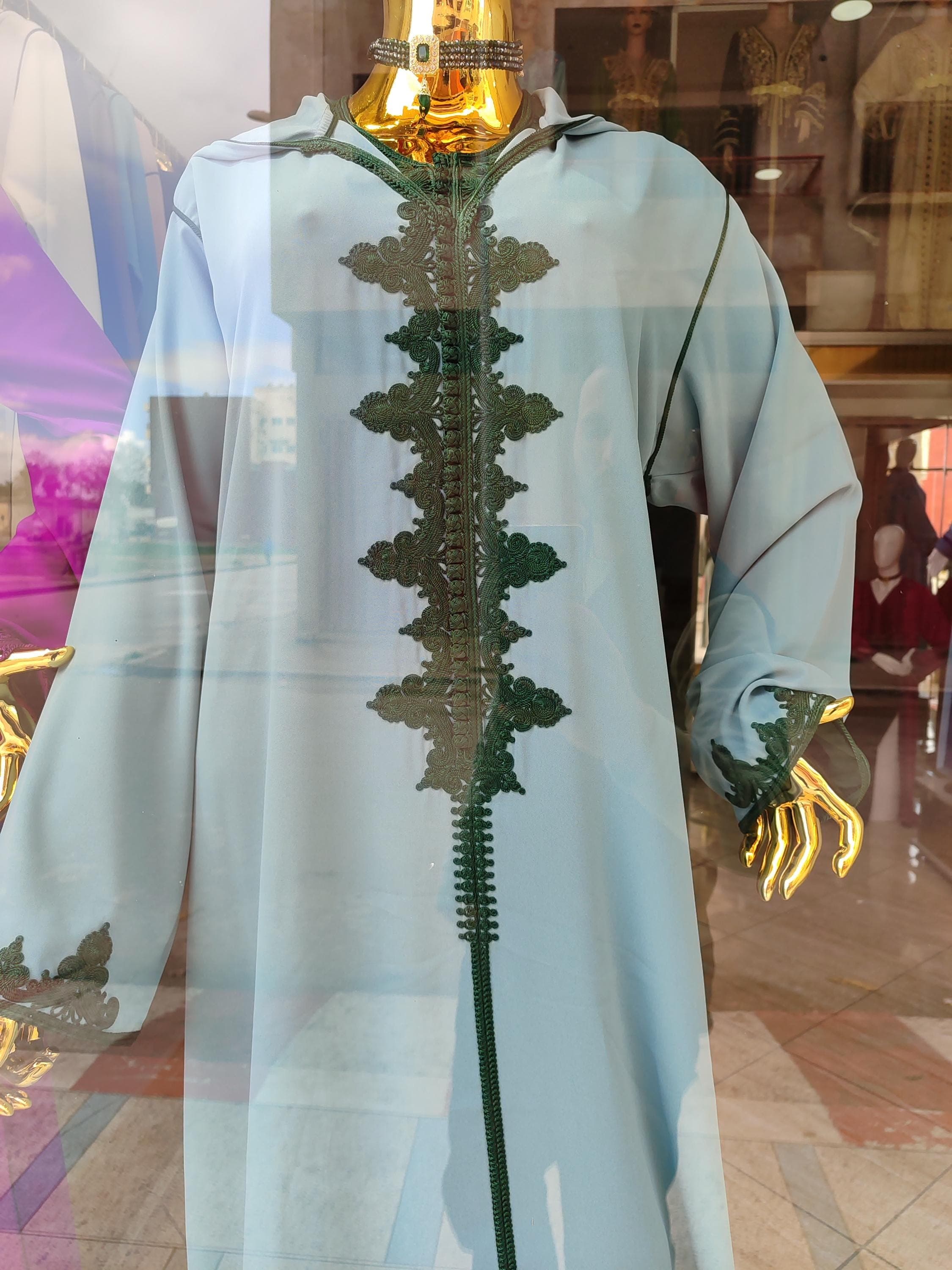 Handmade Moroccan Jellaba: Light Blue Women's Jalaba with Green Embroidery