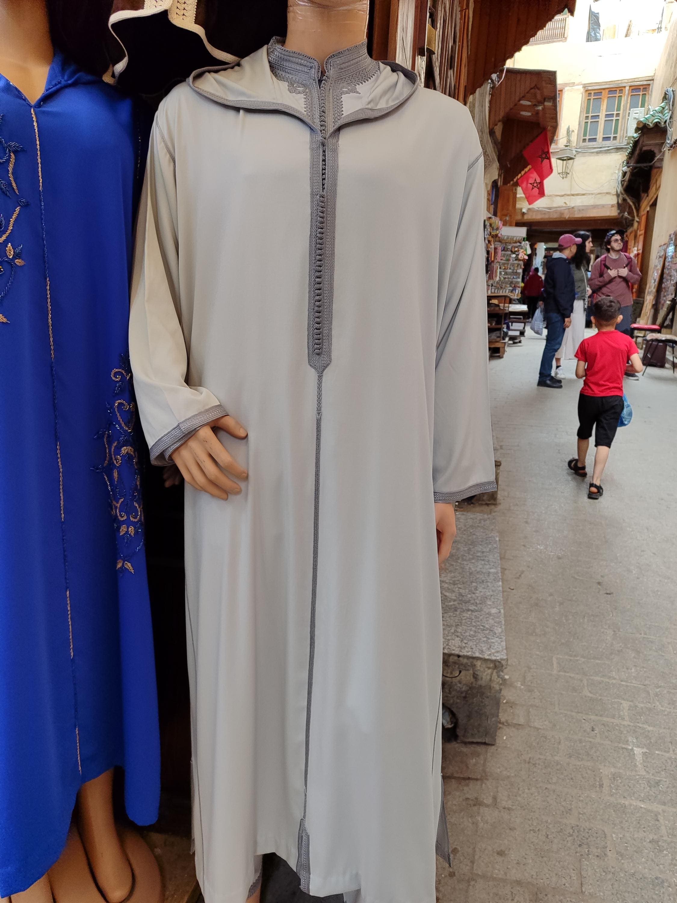 Handmade Moroccan Djellaba Men: Light Gray Embroidered Jabador Set