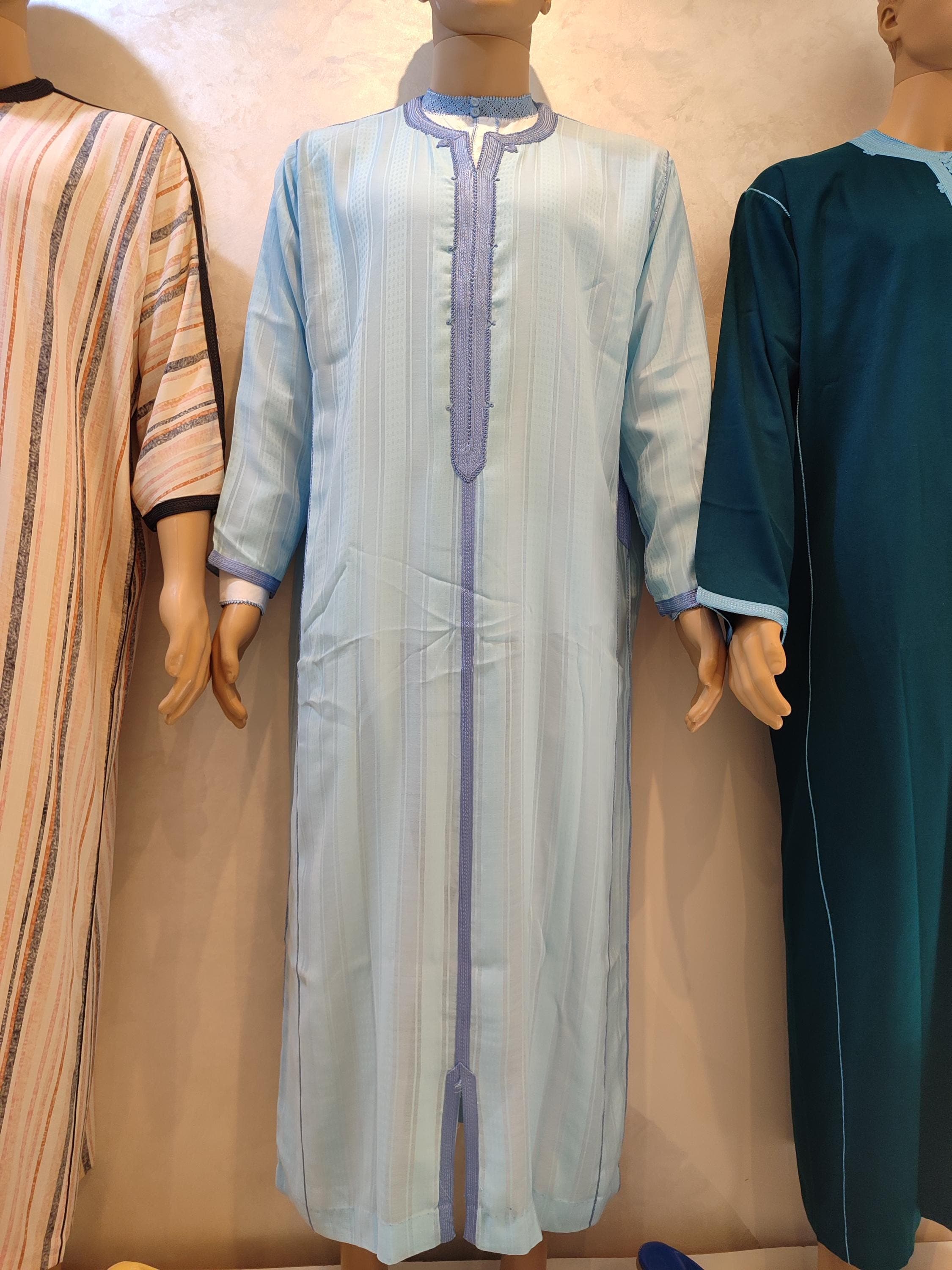 Handmade Moroccan Djellaba Set: Light Blue Embroidered Kaftan