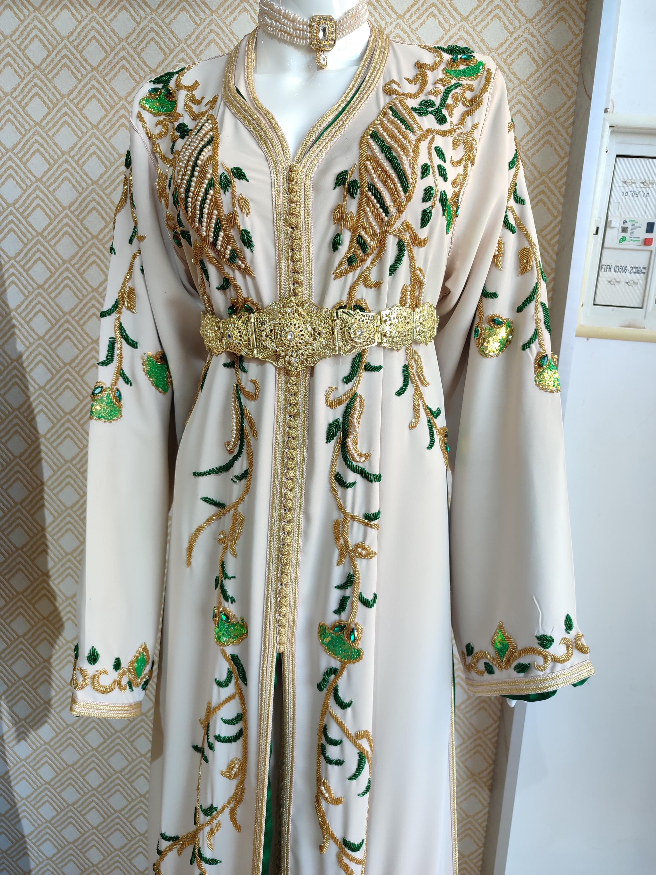 Custom White Moroccan Takchita | Made to Order Wedding Kaftan | Gold Green Embroidered Dress