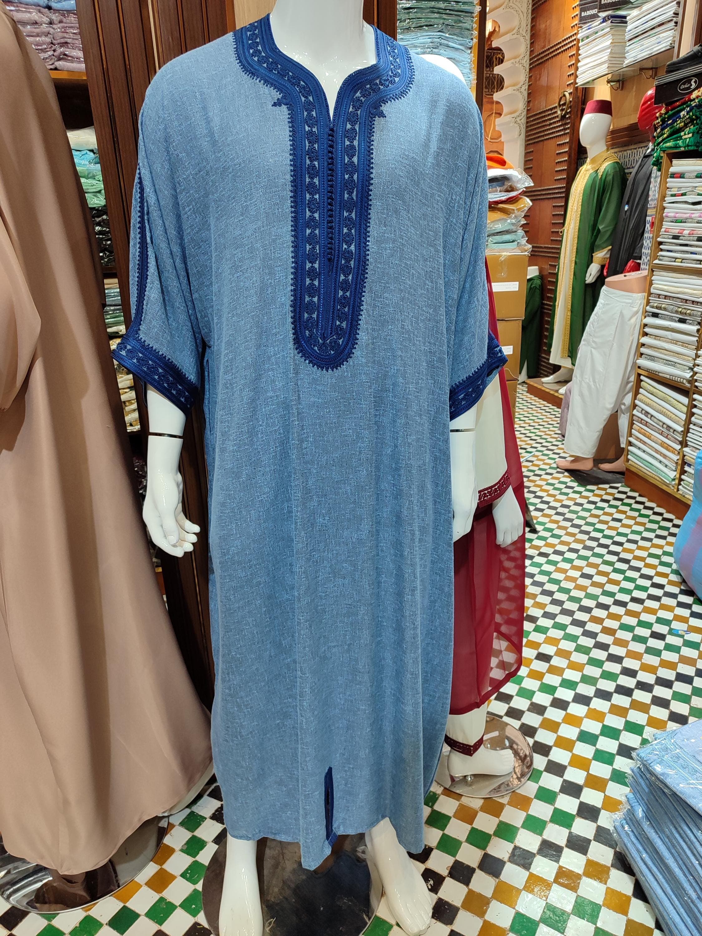 Handmade Blue Moroccan Djellaba: Embroidered Men's Kaftan Thobe