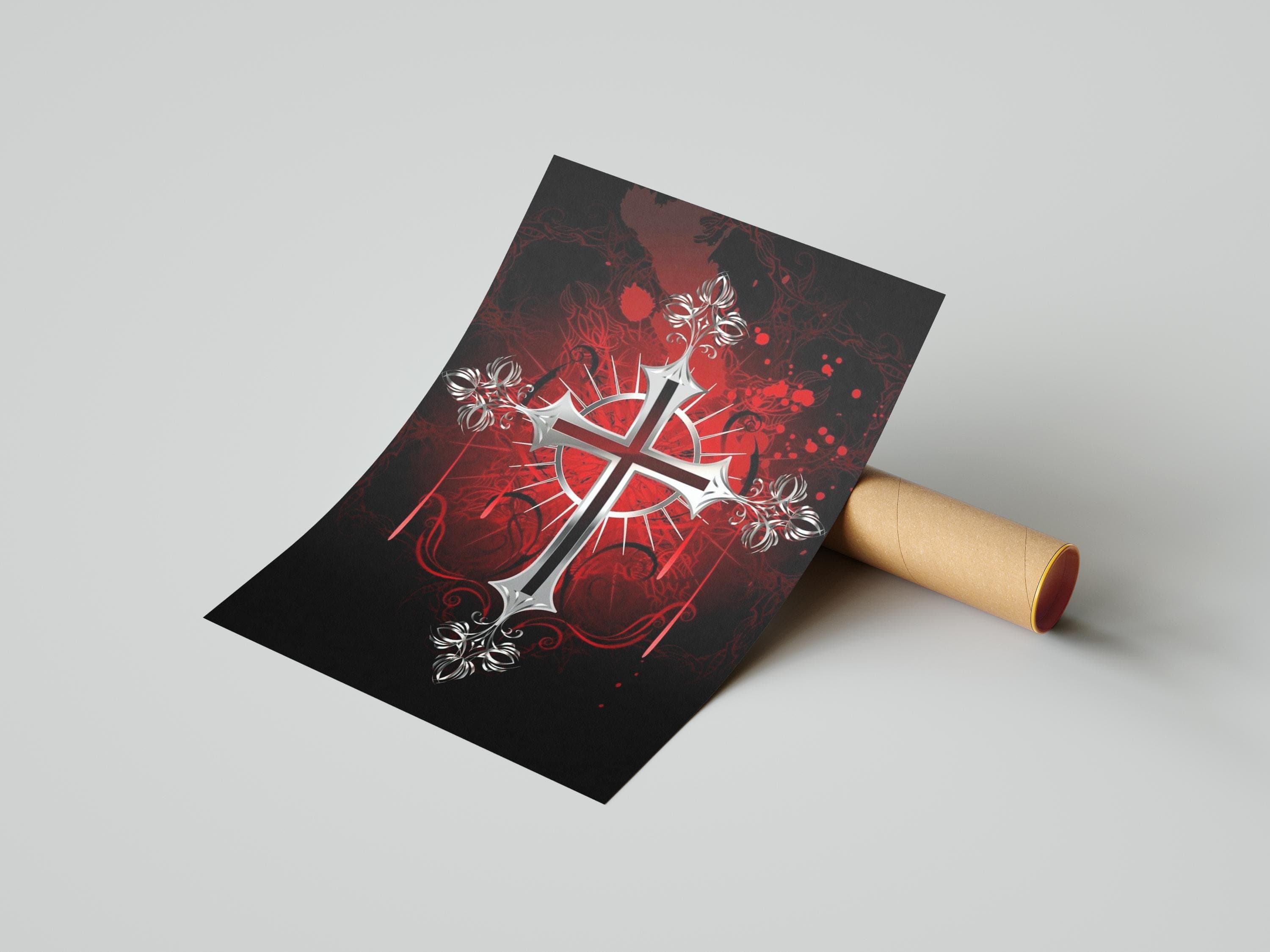 Gothic Metallic Looking Cross Canvas | Dark Red & Black Religious Wall Art | Baroque Gothic Decor | Spiritual Symbol Artwork, Gothic Canvas - image 5