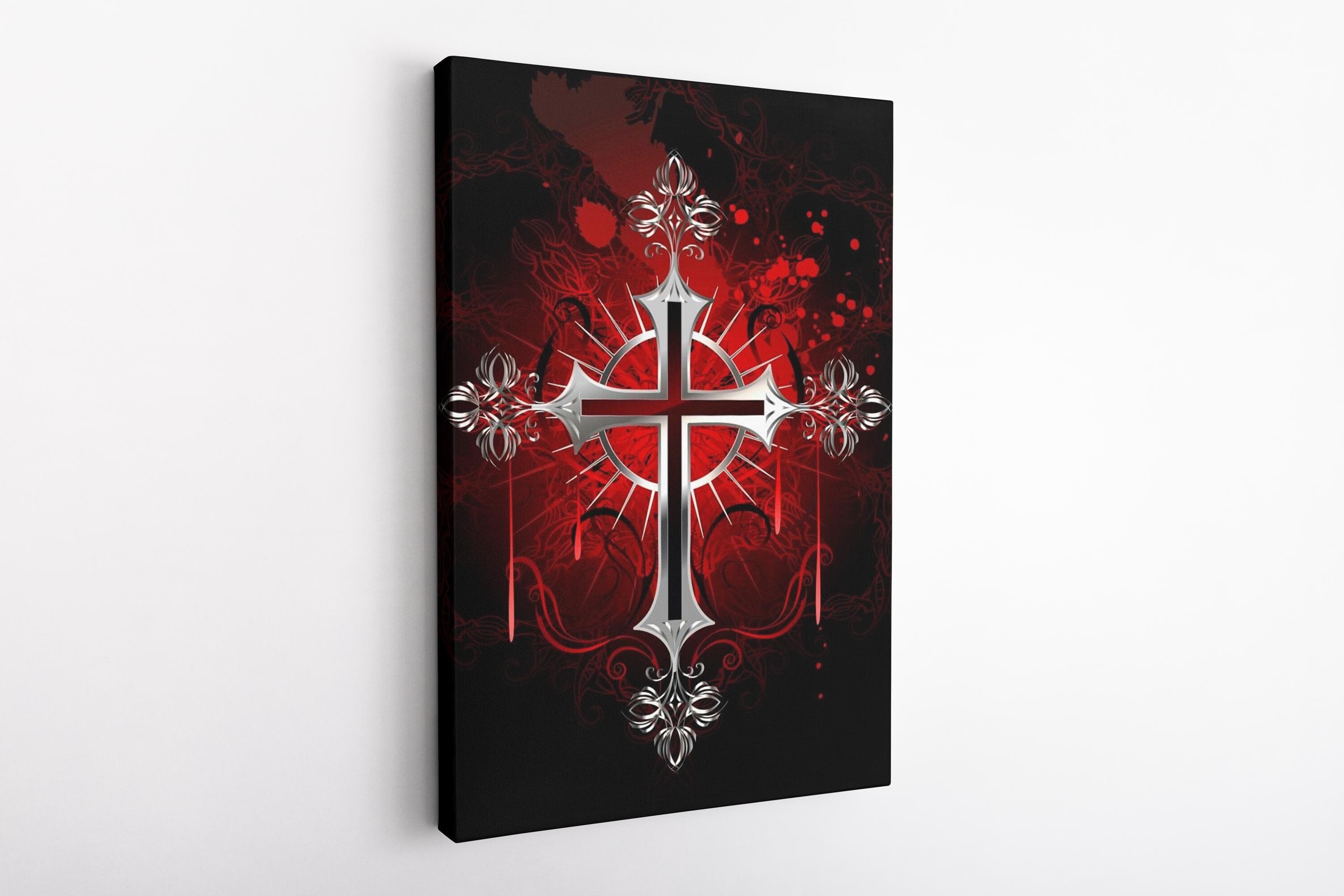 Gothic Metallic Looking Cross Canvas | Dark Red & Black Religious Wall Art | Baroque Gothic Decor | Spiritual Symbol Artwork, Gothic Canvas - image 3