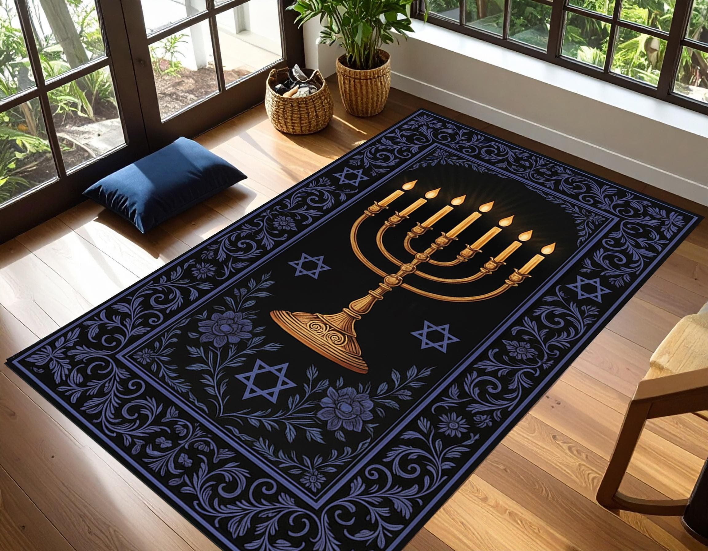 Jewish Menorah Prayer Mat, Star of David Tallit Style Rug, Blue & Beige Judaica Prayer Carpet, Hanukkah Jewish Gift