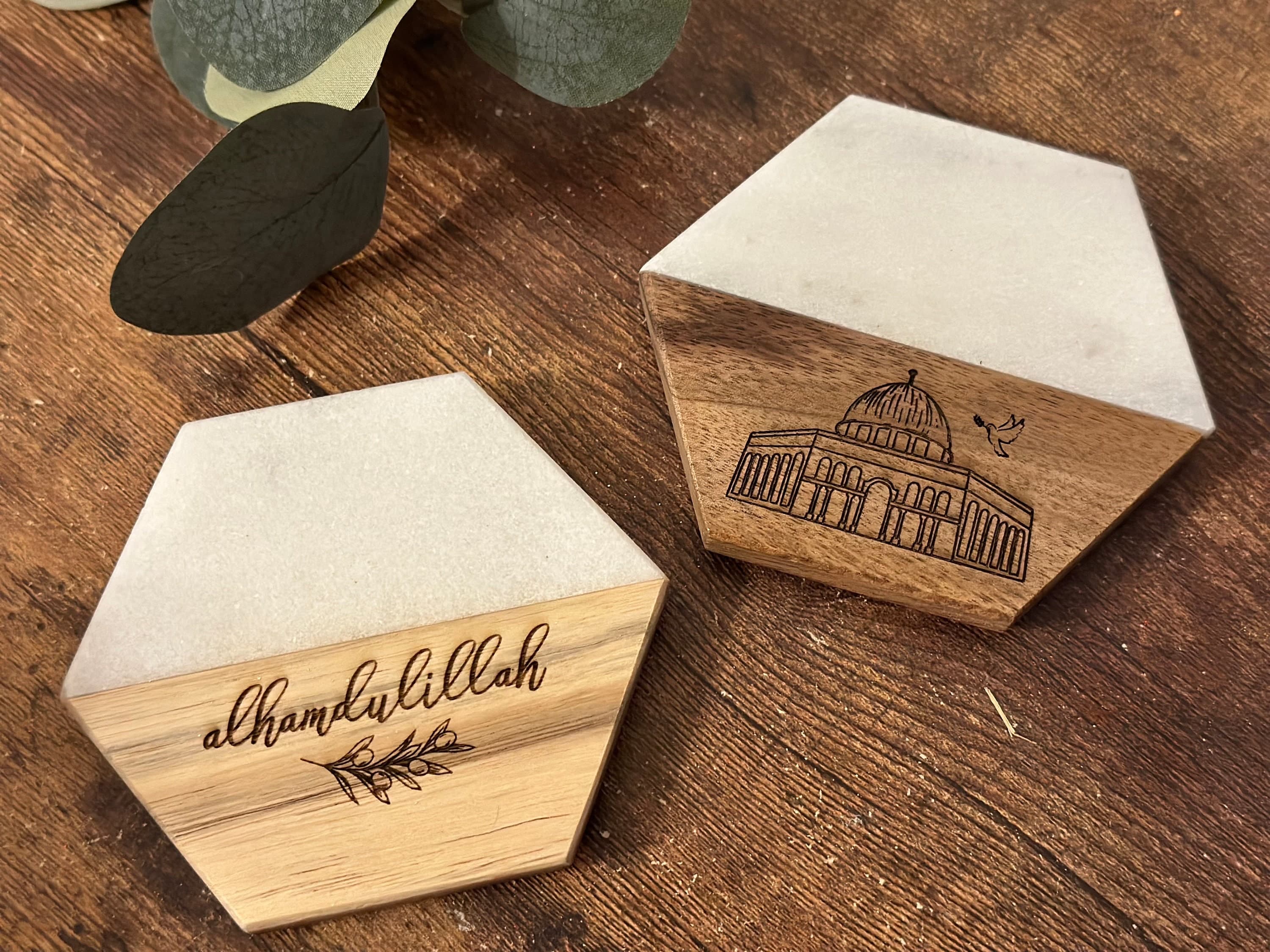 Olive branch Wooden and Marble Coasters, Custom engraved coasters, Alhamdulillah Coasters, Eid Gift, Islamic Gift, Ramadan Gift, Al-Aqsa