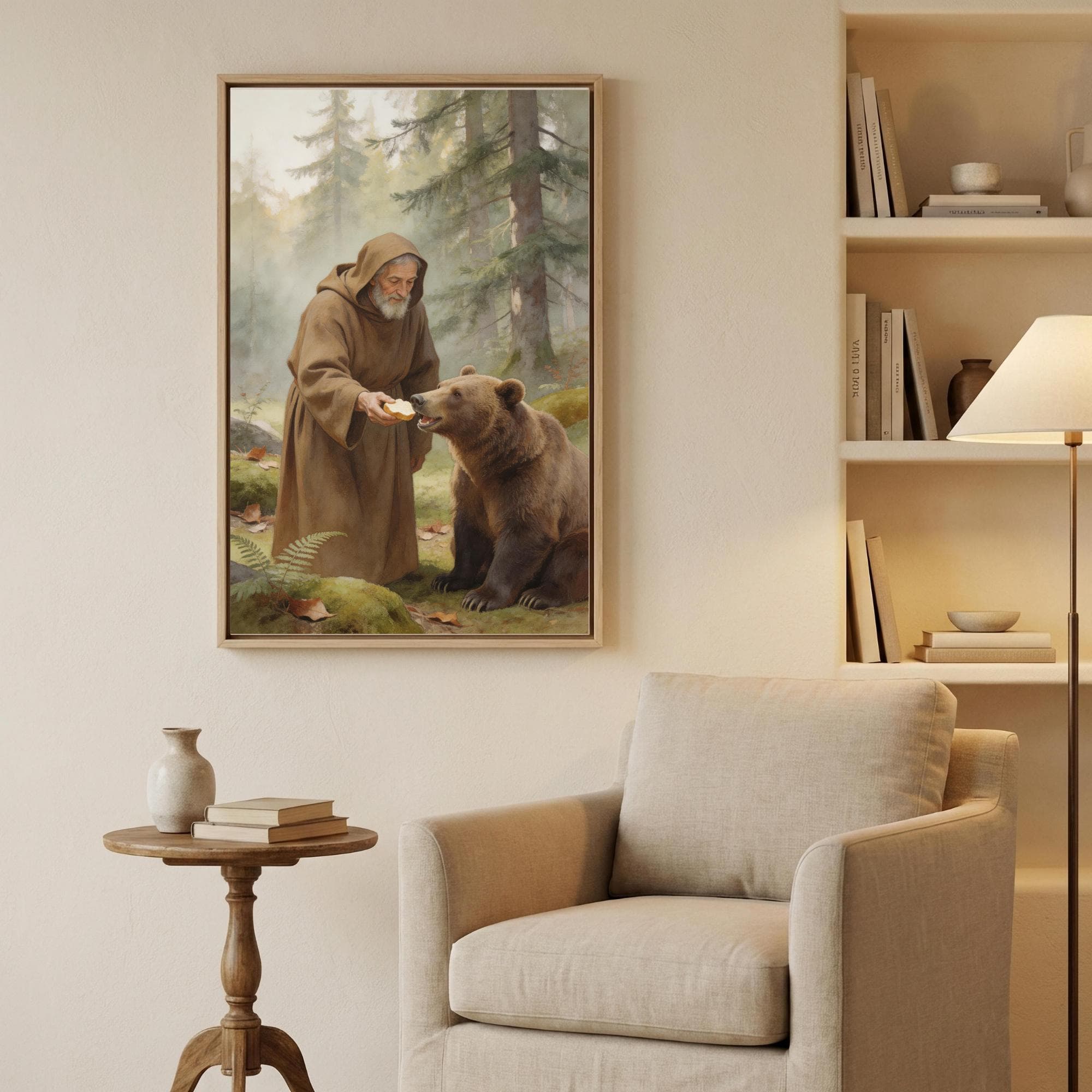 Saint Sergius Feeding Bear Watercolor Print, Orthodox Christian Forest Art