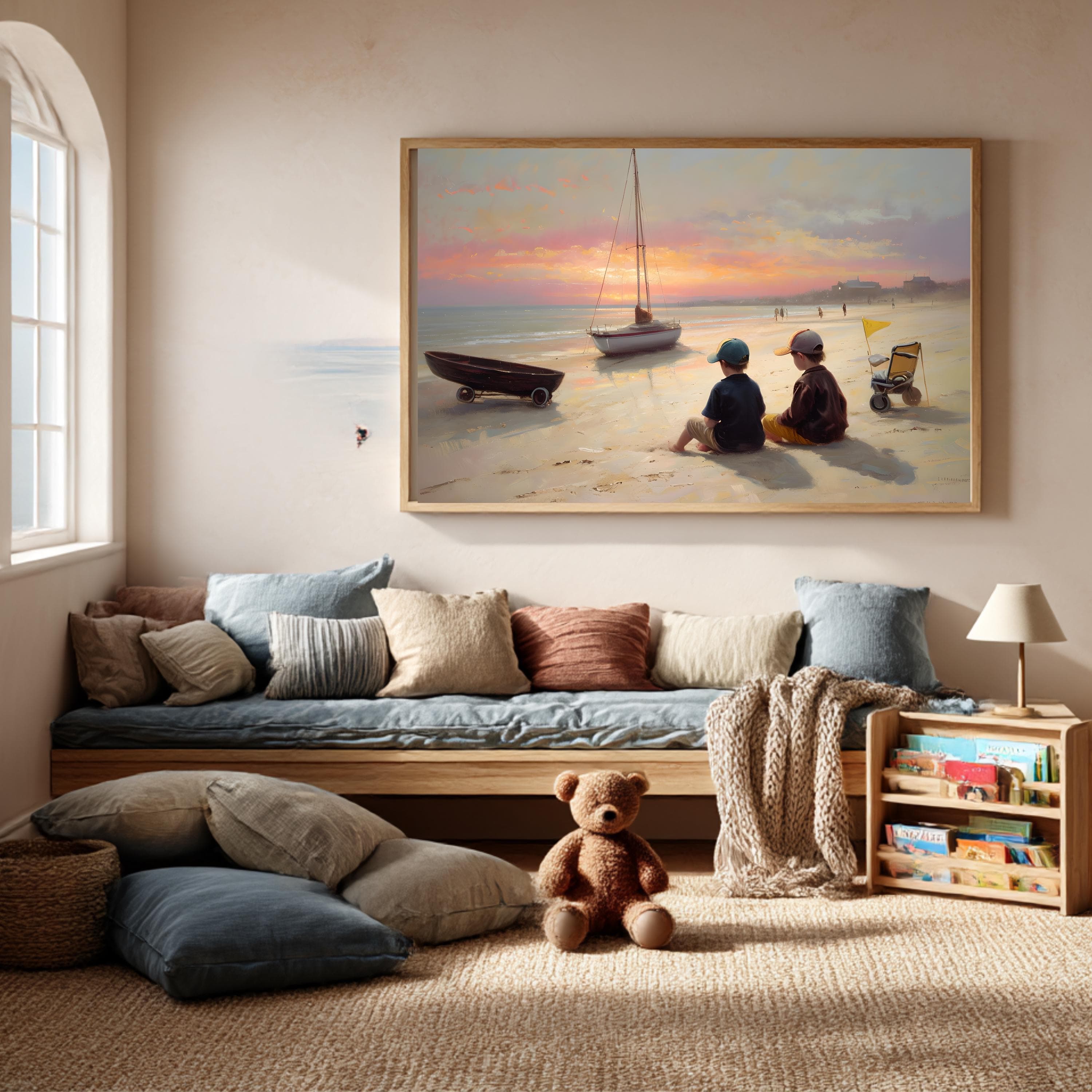 Beach Sunset Watercolor Art Print: Two Boys, Coastal Nursery Decor
