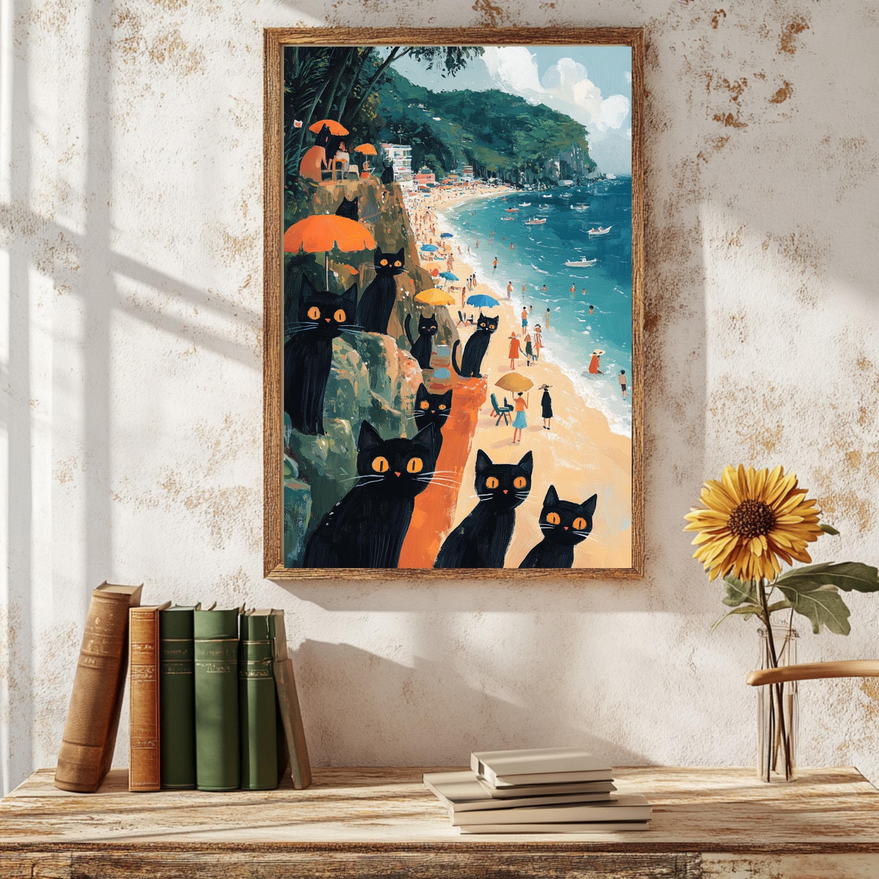 Vintage Beach Scene Art Print: Naive Folk Art with Cats - image 3