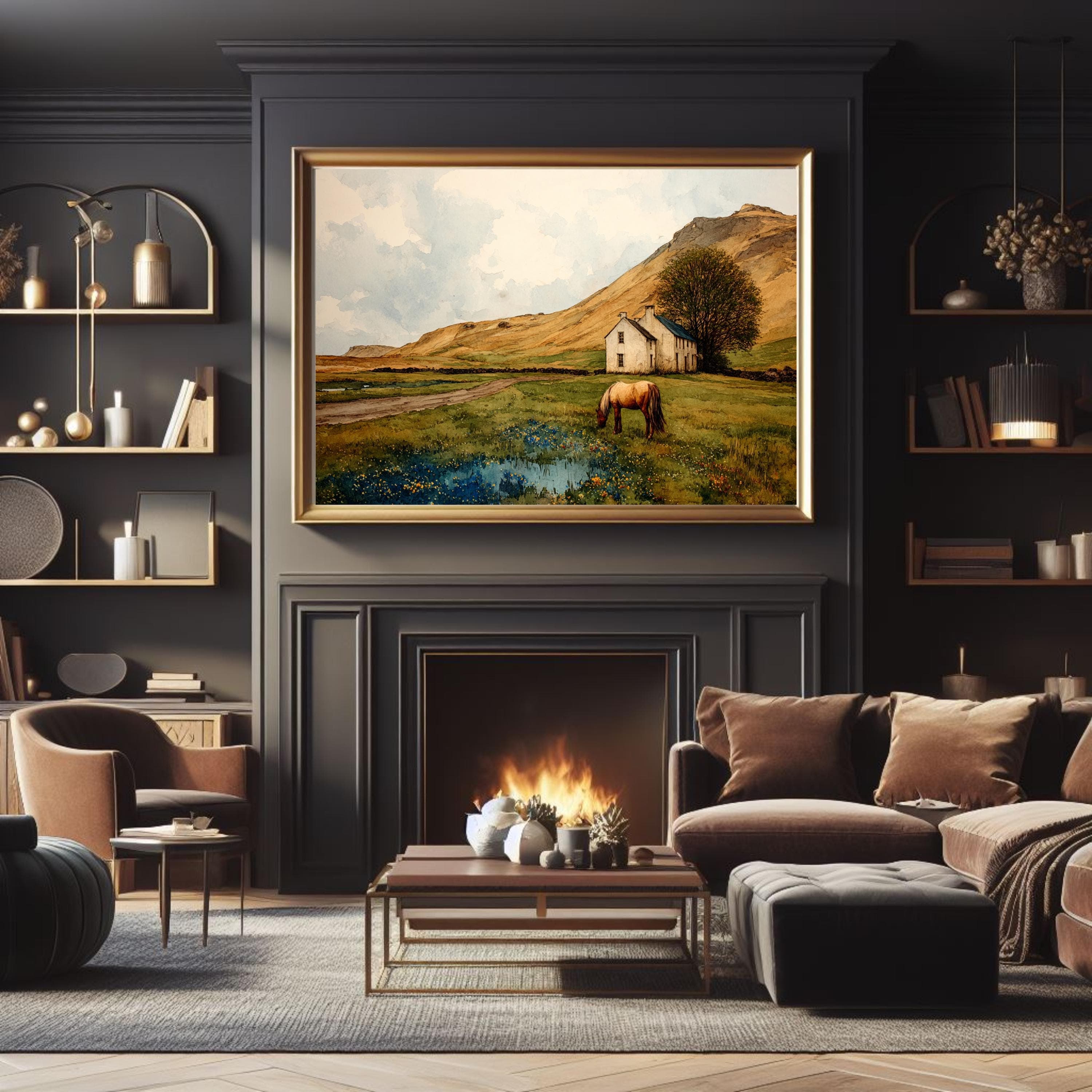 Horse Watercolor Landscape Print – Wildflowers & Farmhouse Wall Art, Western Country Poster, Large Rustic Decor - image 3