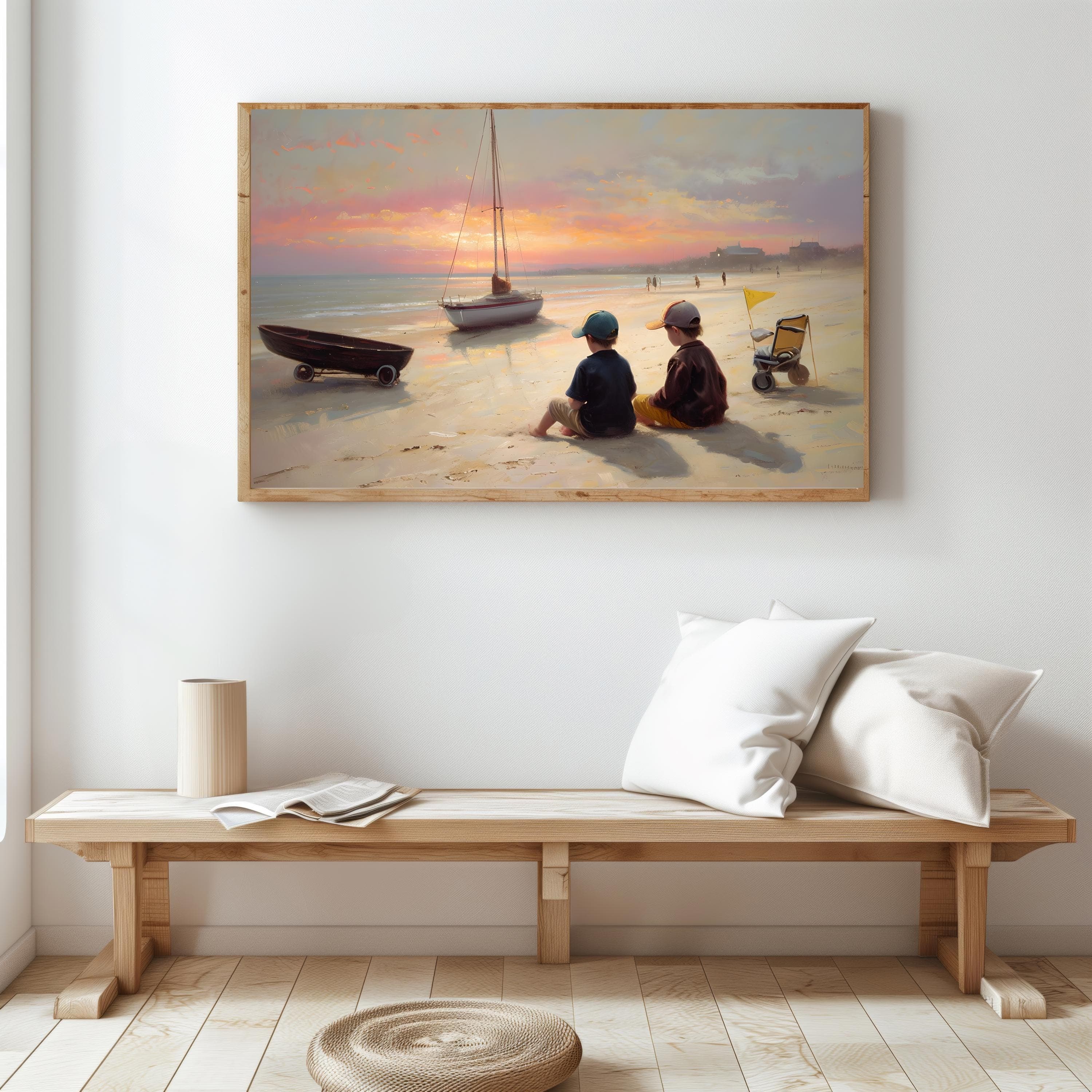 Beach Sunset Watercolor Art Print: Two Boys, Coastal Nursery Decor - image 4