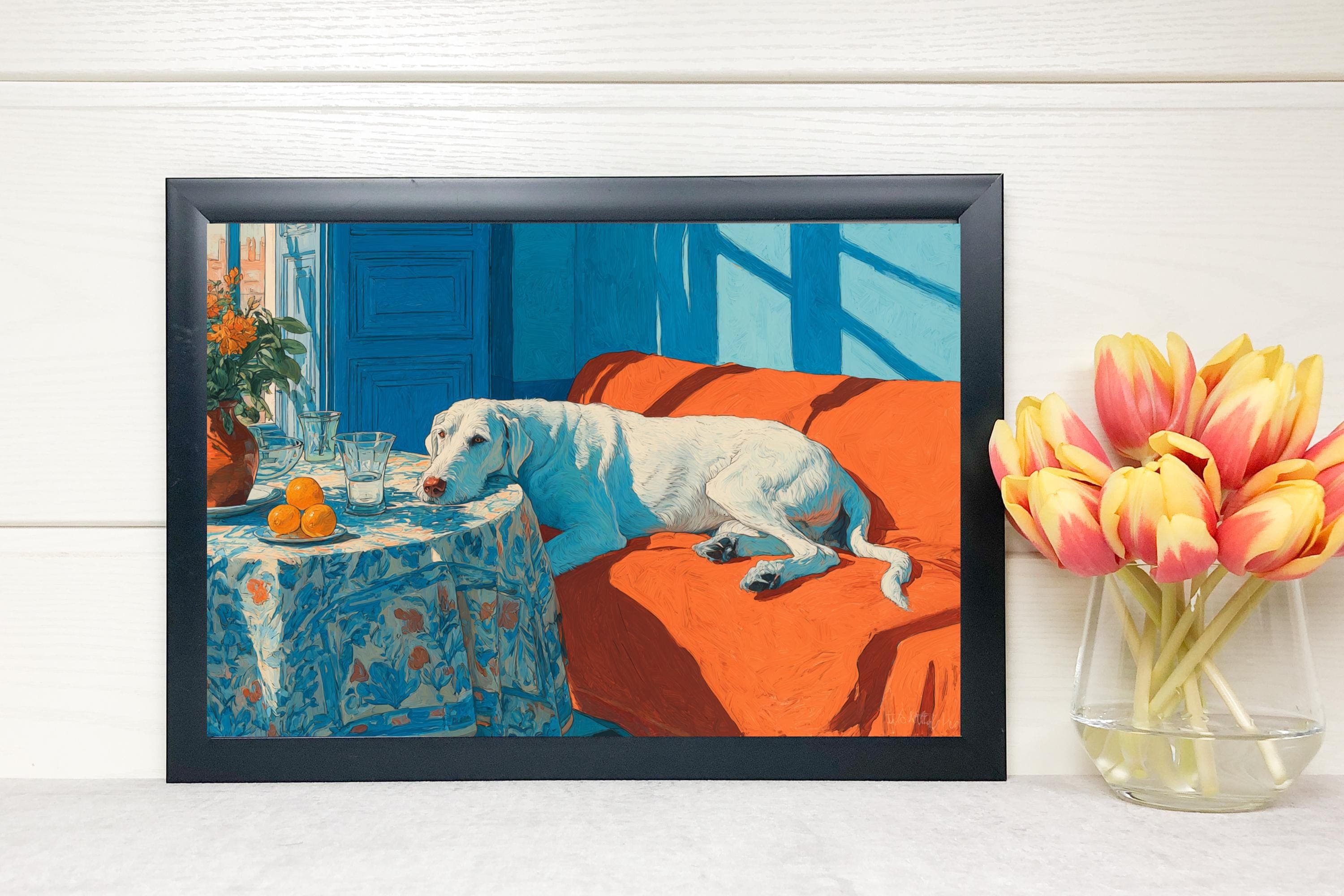 Irish Wolfhound Art Print | Still Life Dog Poster, Blue & Orange Decor - image 5