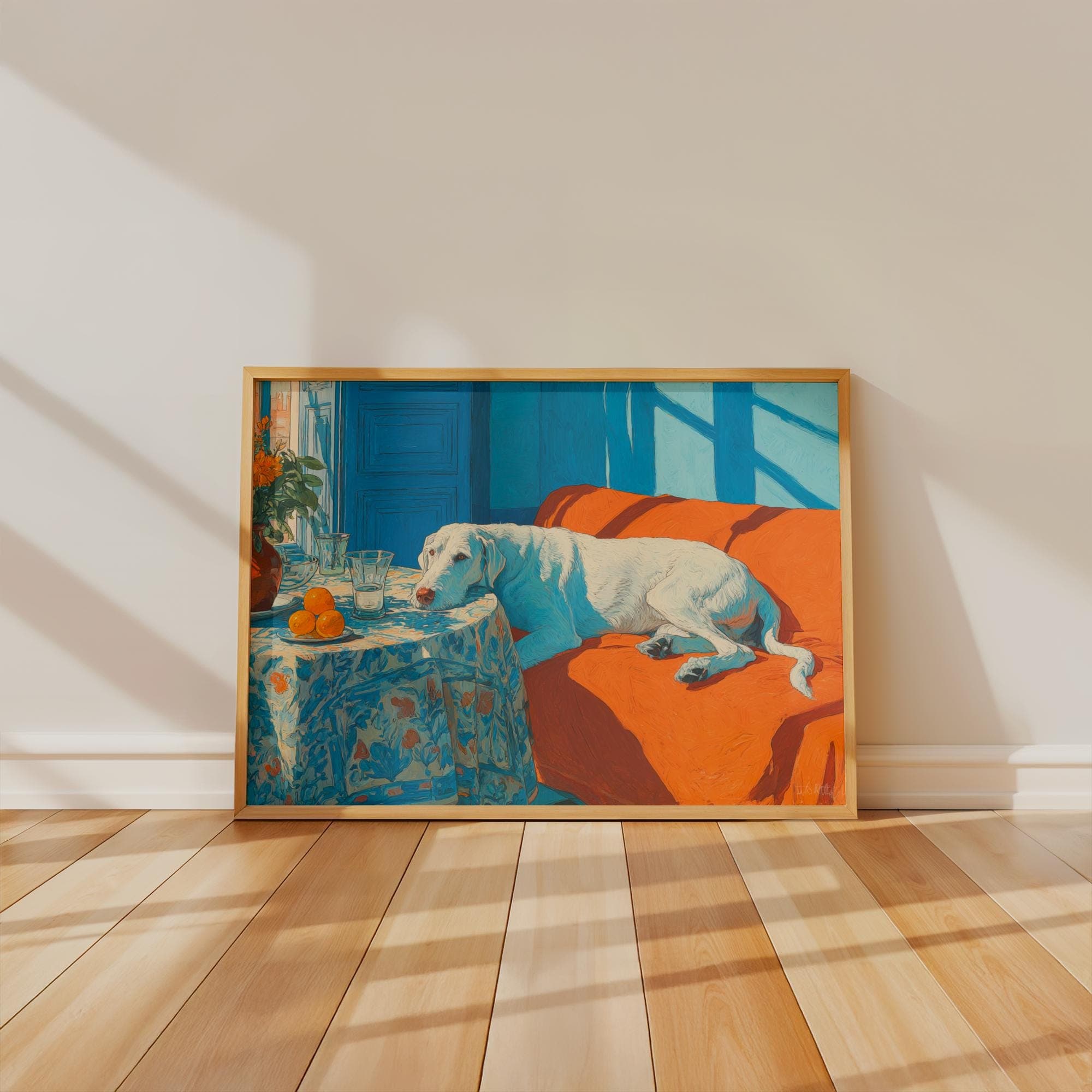 Irish Wolfhound Art Print | Still Life Dog Poster, Blue & Orange Decor